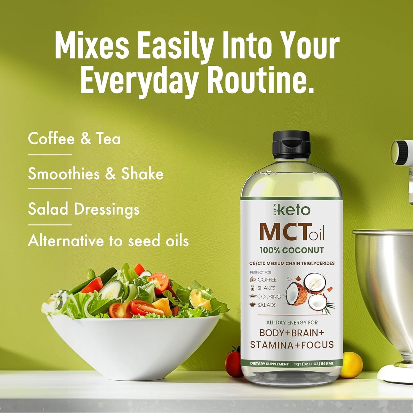 32 oz Keppi Keto MCT Oil - Flavorless C8/C10, Non-GMO, Gluten-Free, Vegan, Kosher, Halal - Coconut Oil Free - Espot.com.au