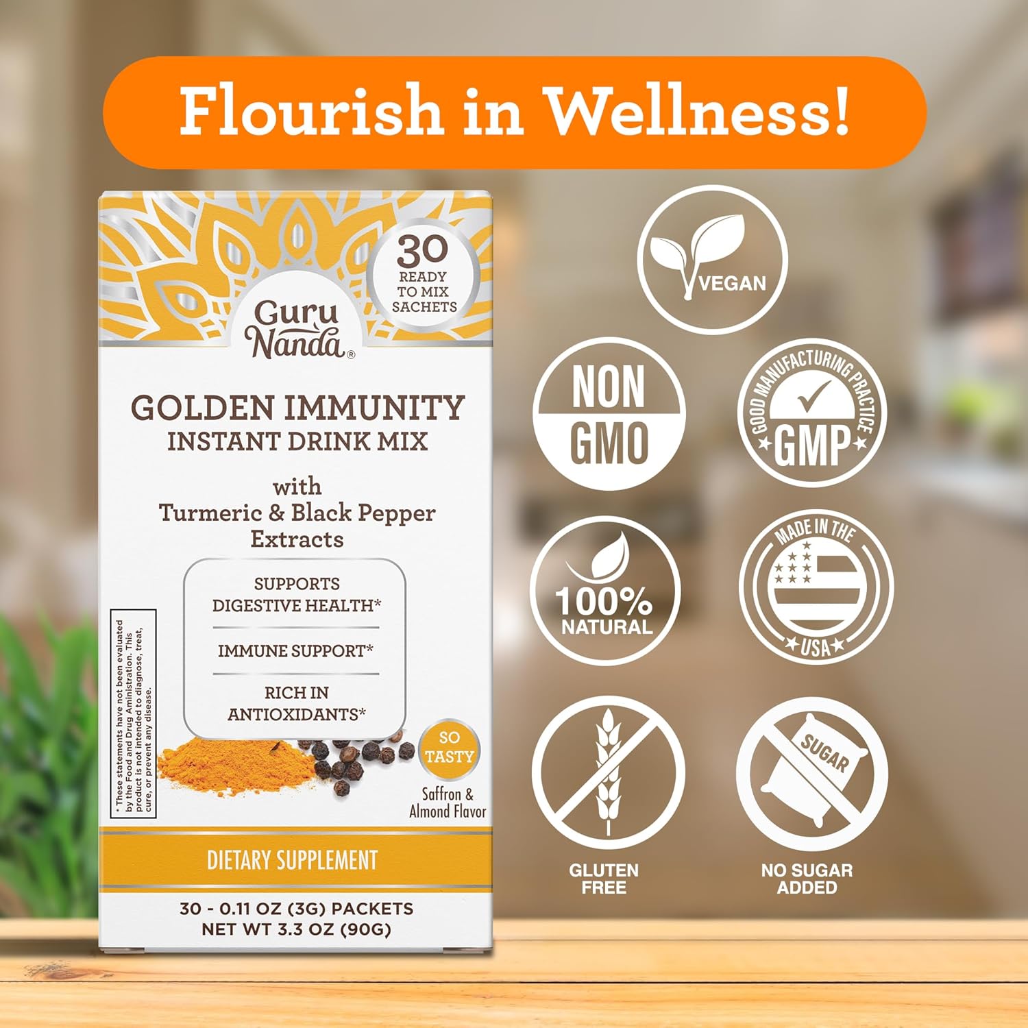 Golden Immunity Instant Drink Mix with Turmeric & Black Pepper - Antioxidant-Rich Immune Support Sachets - Saffron & Almond Flavor - 30 Count - Espot.com.au