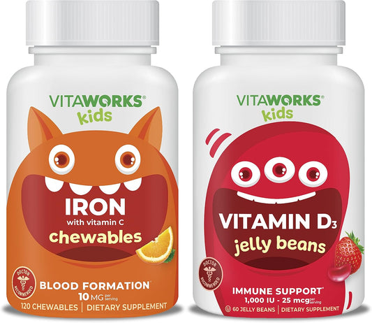 VitaWorks Kids Iron, Vitamin C, and D3 Chewables Bundle - 10mg Iron, 1000 IU Vitamin D3, Delicious Jelly Beans Flavor - Espot.com.au