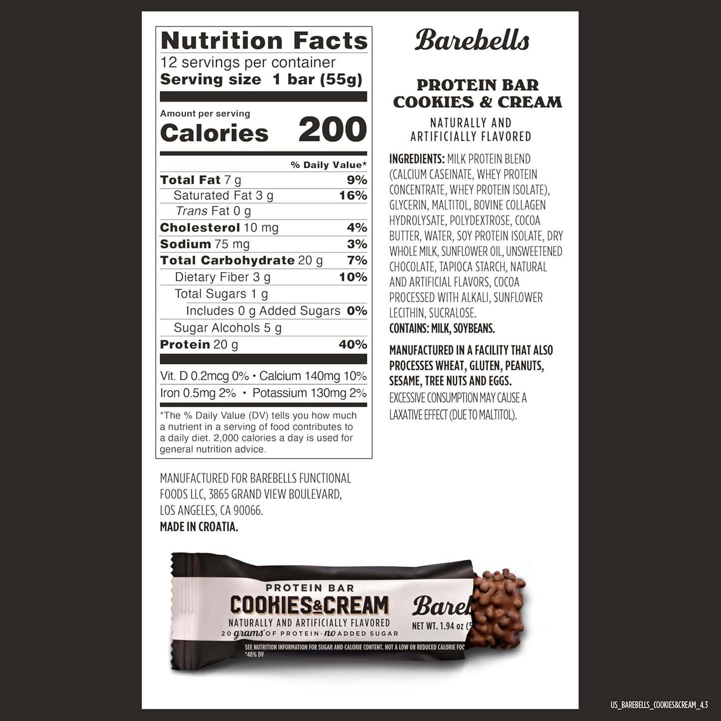Barebells Cookies & Cream Protein Bars - 12 Count, 20g High Protein Treats - Chocolate Nutrition Bar with 1g Sugars - On-The-Go Breakfast or Post-Workout Snack - Espot.com.au