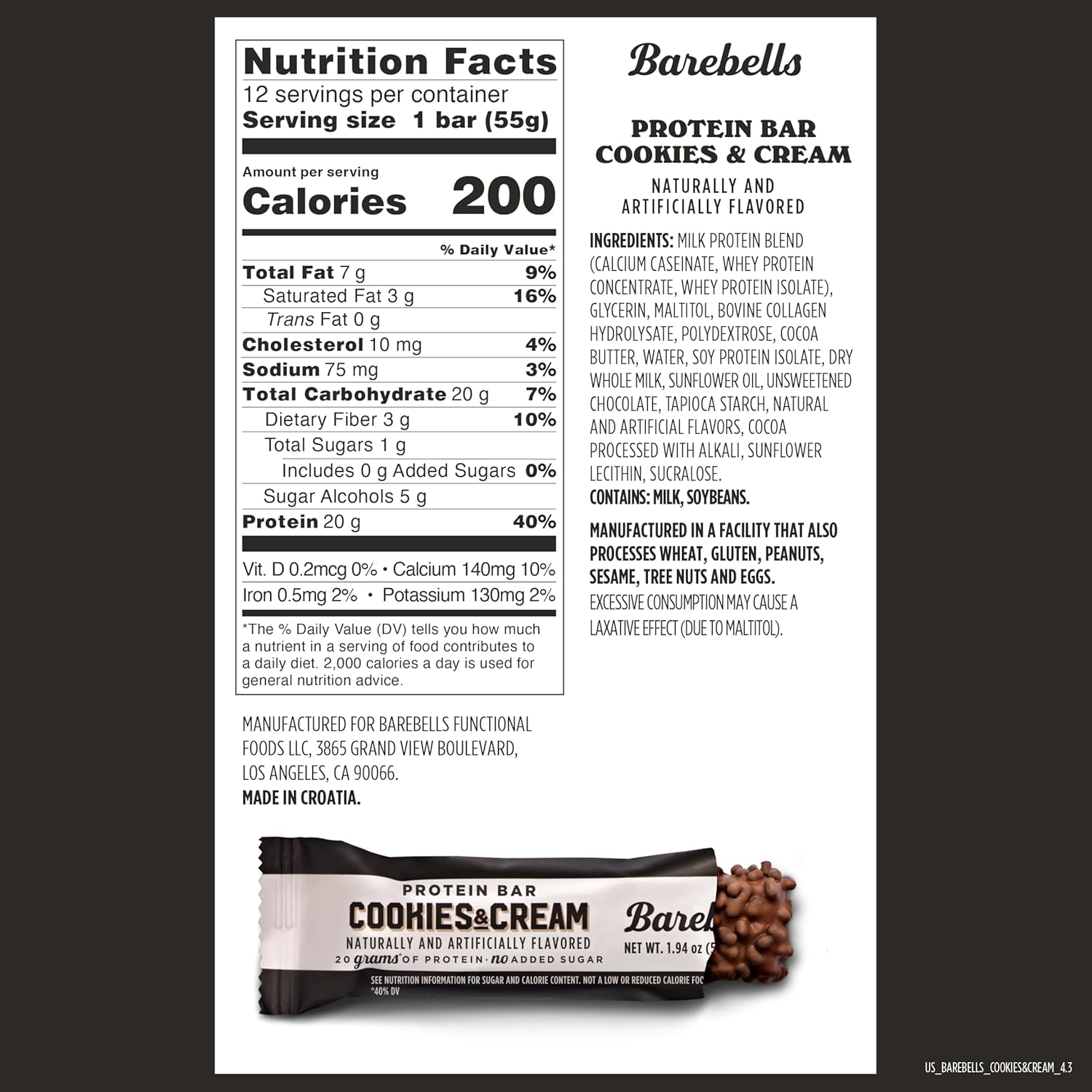 Barebells Cookies & Cream Protein Bars - 12 Count, 20g High Protein Treats - Chocolate Nutrition Bar with 1g Sugars - On-The-Go Breakfast or Post-Workout Snack - Espot.com.au