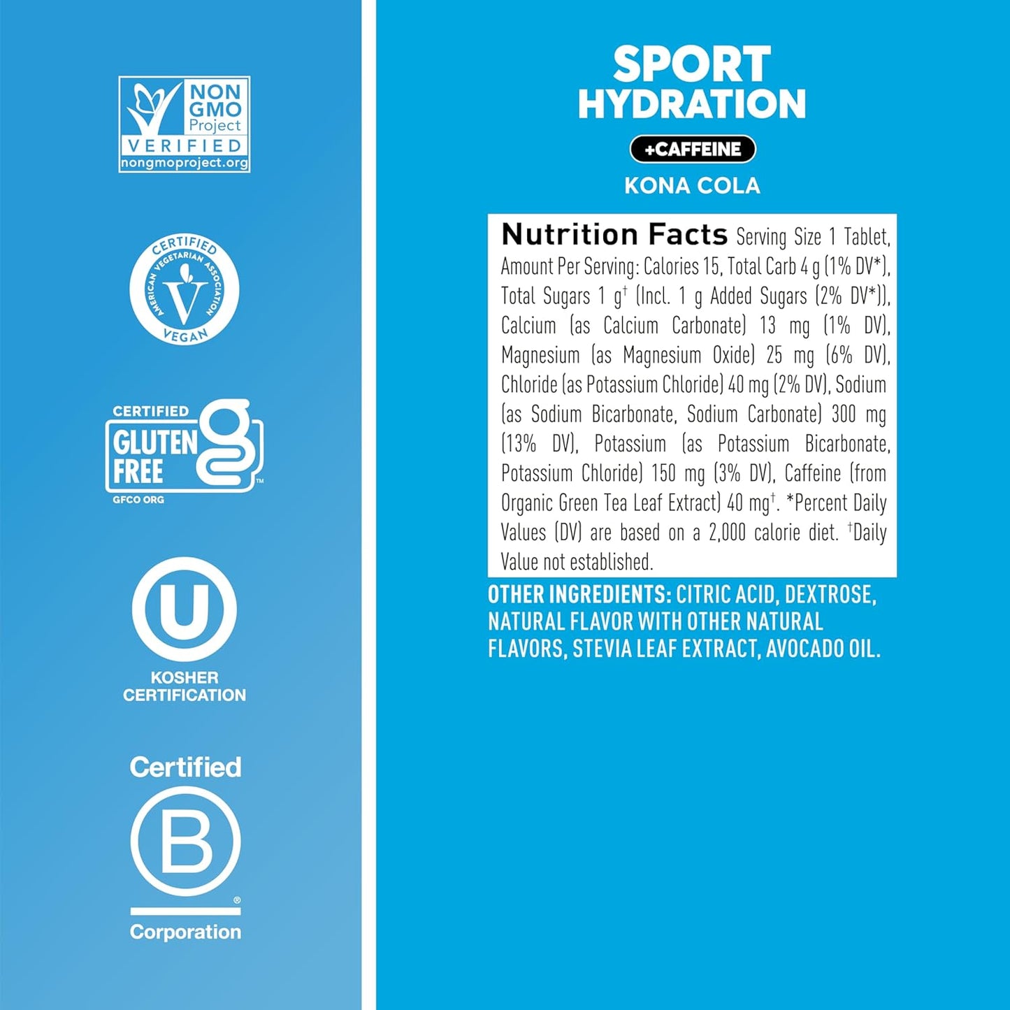 Nuun Sport + Caffeine Electrolyte Tablets - Kona Cola Flavor, 5 Essential Electrolytes, 1g Sugar, Vegan, Non-GMO - 8 Pack (80 Servings) - Espot.com.au