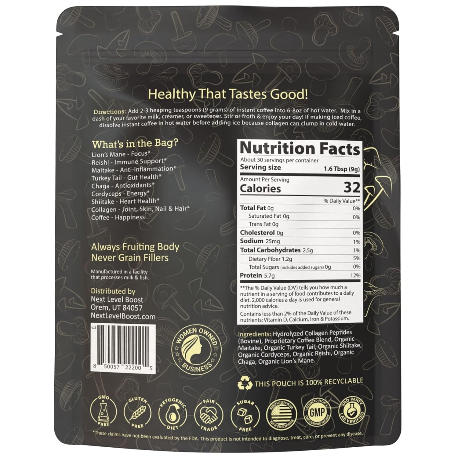 Organic Mushroom Coffee with Collagen & Lions Mane - 270g, 30 Servings - Next Level Boost Mushroom Drink for a Healthy Everyday Brew - Espot.com.au