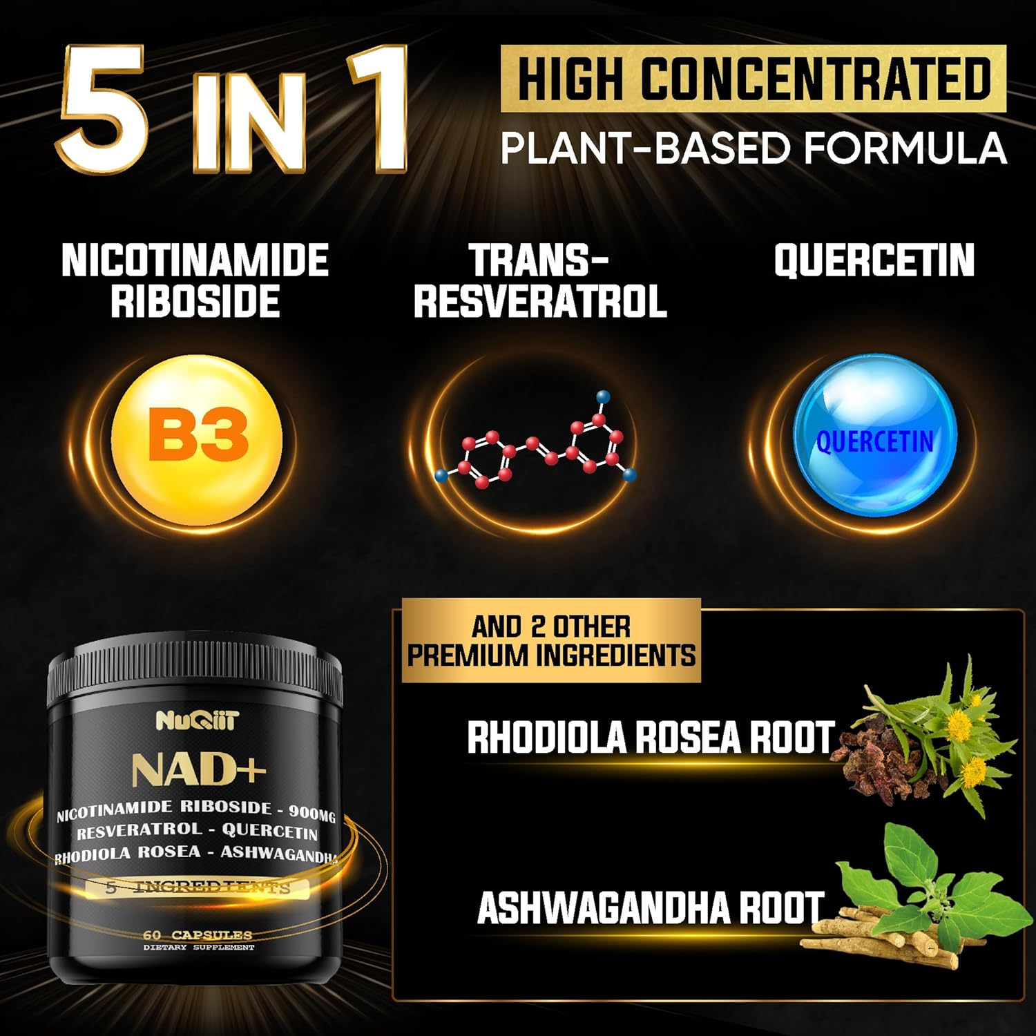 NUQIIT NAD+ Supplement 900mg with Resveratrol, Quercetin, Turmeric, Rhodiola Rosea - Cellular Energy & Repair for Vitality and Healthy Aging - 60 Count - Espot.com.au