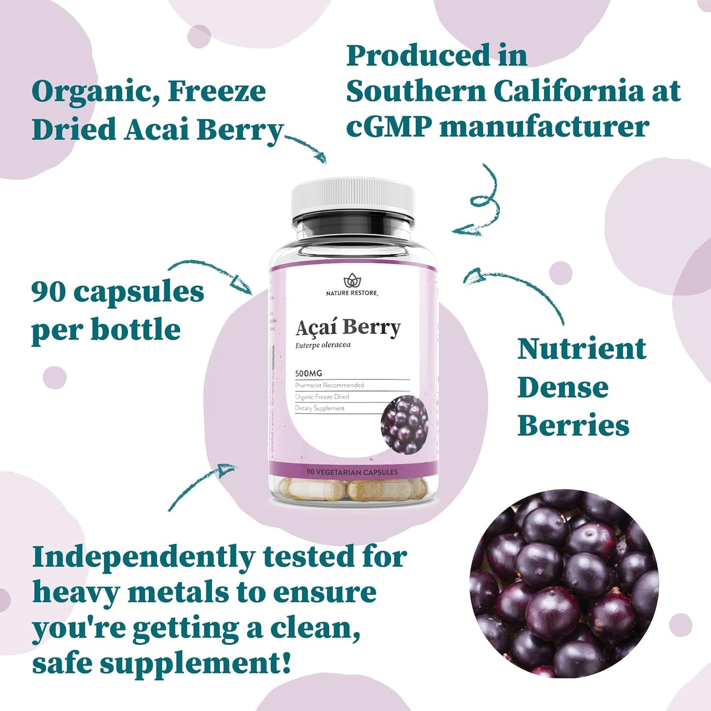 Organic Freeze Dried Acai Berry Supplement - 90 Capsules, Non GMO, Gluten Free, Vegan - Nature Restore Rejuvenate & Energize with Pure Acai Berry - Espot.com.au