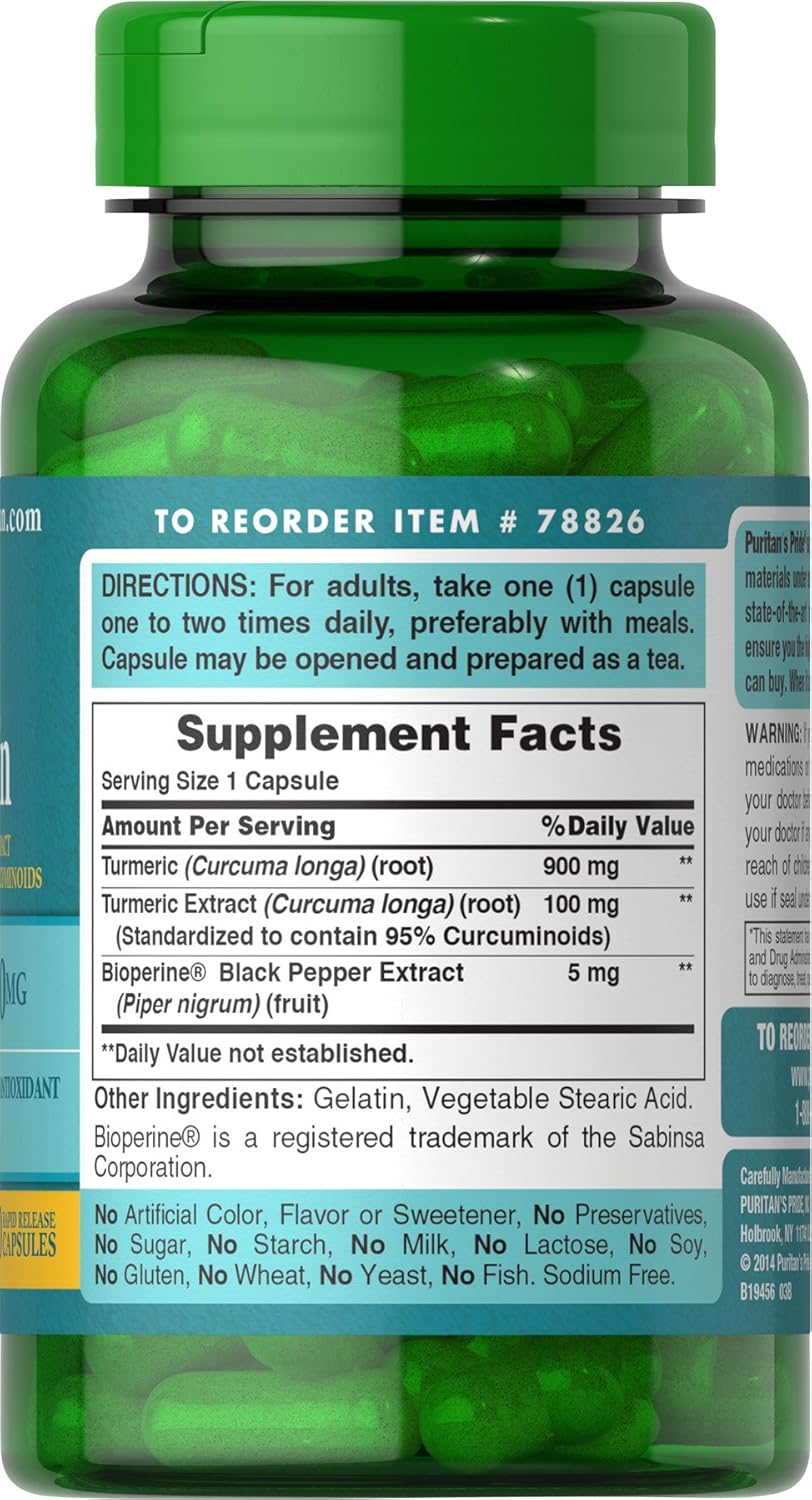 Puritan's Pride Turmeric Curcumin Capsules with Bioperine - 1000mg, 60 Count - High-Quality Supplement for Joint Support and Overall Wellness - Espot.com.au