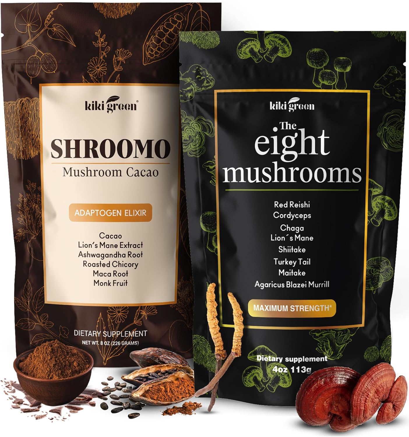 bundle-of-kiki-green-8-mushrooms-shroomo-powder---vegan-adaptogenic-mushroom-complex-for-focus-energy-clarity---coffee-alternative-for-smoothies-tea-1