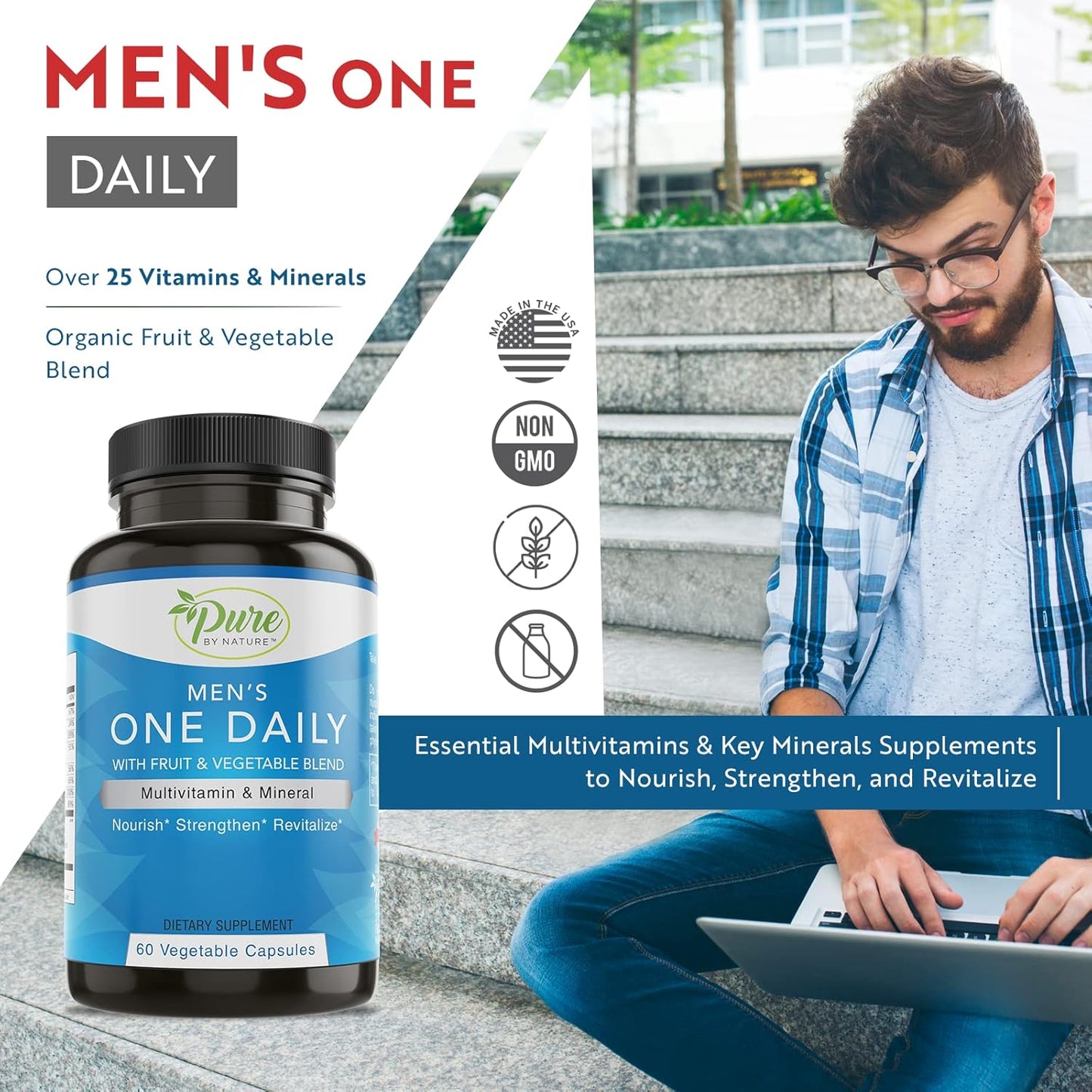Men's One-Daily Multivitamin for Immune Support - Non-GMO Ingredients, Energy Boosting Vitamins & Minerals - 60 Veggie Capsules - Espot.com.au