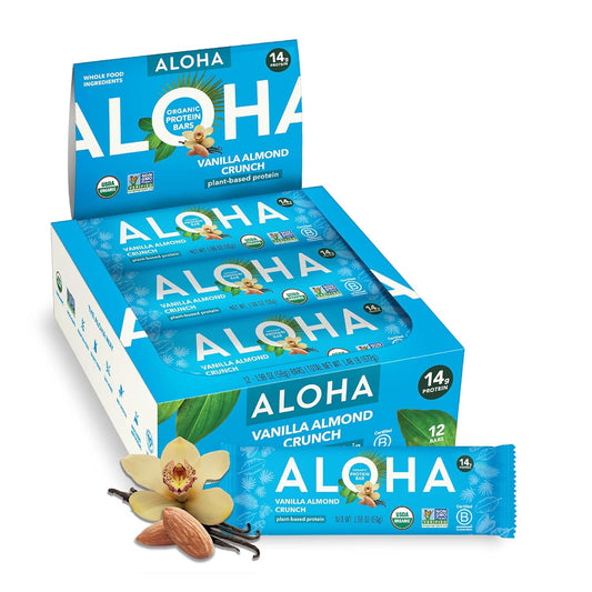 Organic Plant-Based Protein Bars, Vanilla Almond Crunch Flavor, 1.98 oz Bars, Pack of 12 - ALOHA - Espot.com.au