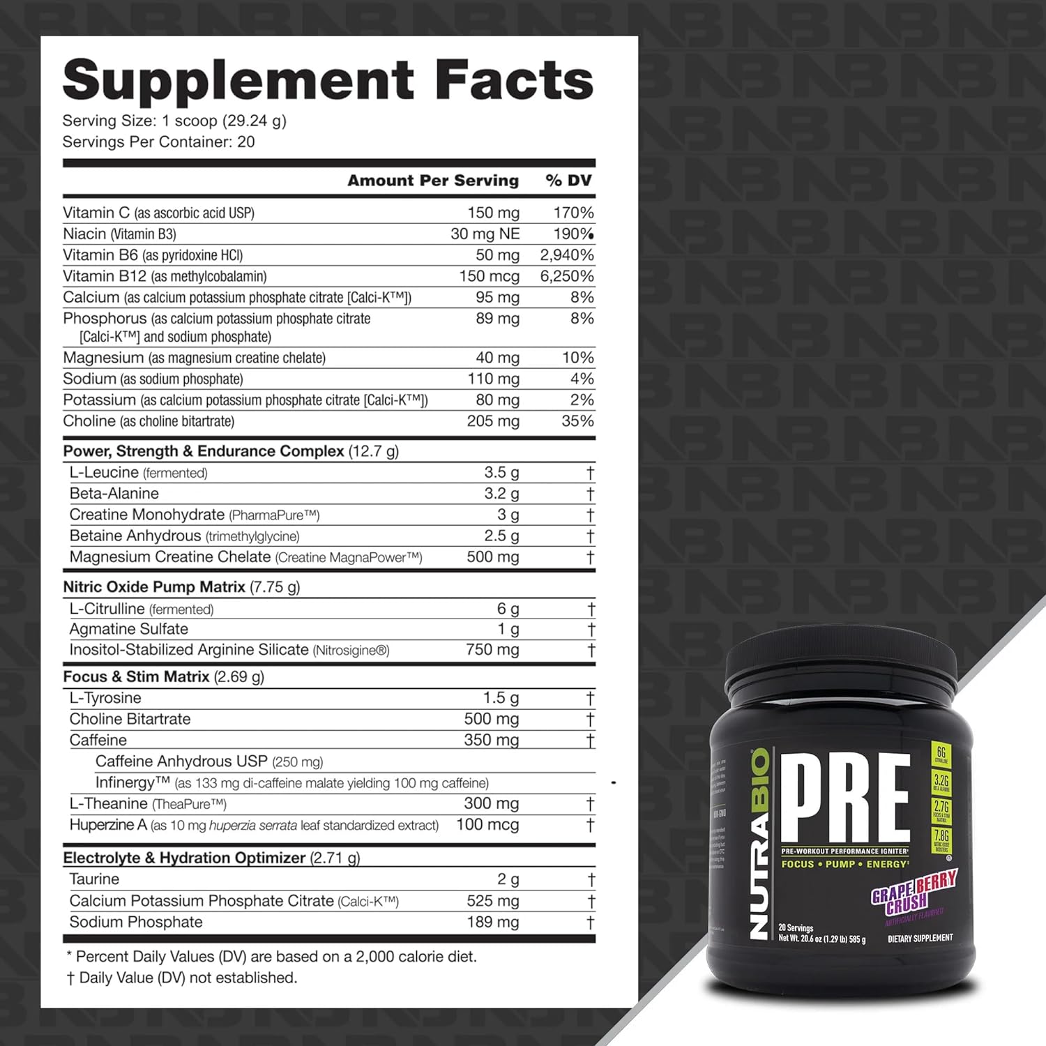 NutraBio PRE Workout Powder - Clinically Dosed Formula for Sustained Energy, Mental Focus, and Endurance - Grape Berry Crush Flavor - 20 Servings - Espot.com.au