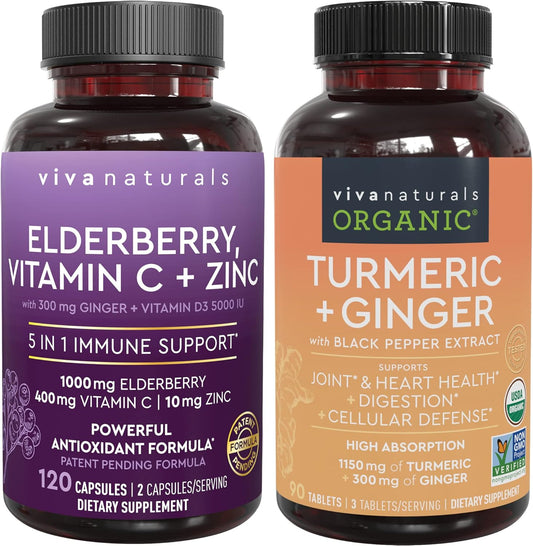 Organic Turmeric Curcumin Supplement Bundle with Elderberry, Vitamin C, Zinc, and Vitamin D3 for Joint, Immune, Heart, and Digestive Support - Espot.com.au