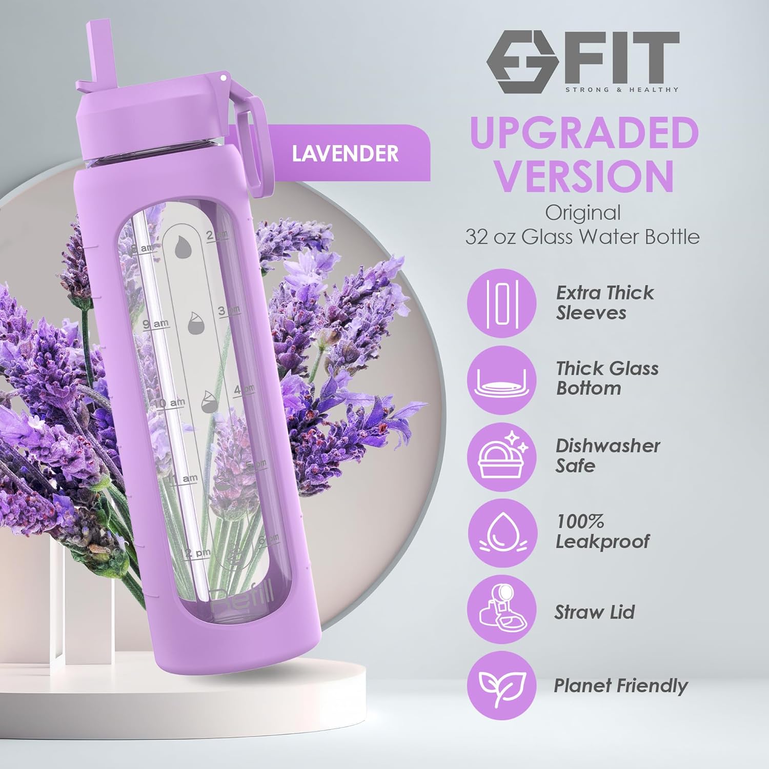 fit-strong-healthy-glass-meal-prep-containers-with-lavender-lids-4-pack-32-oz-and-water-bottle-bundle---2-3-compartment-straw-lid-time-marker-sleeve-5