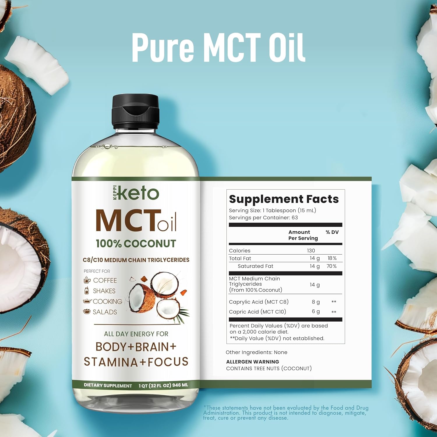 32 oz Keppi Keto MCT Oil - Flavorless C8/C10, Non-GMO, Gluten-Free, Vegan, Kosher, Halal - Coconut Oil Free - Espot.com.au