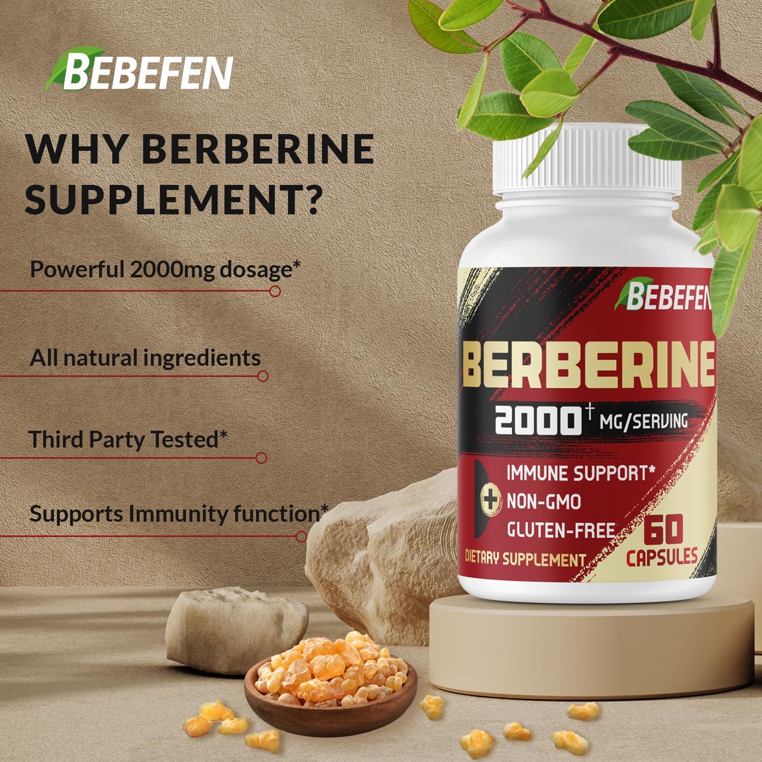 BEBEFEN Berberine HCL Supplement 2000mg - Boosts Immunity & Heart Health - Non GMO, Gluten Free - Supports Cardiovascular System - Espot.com.au