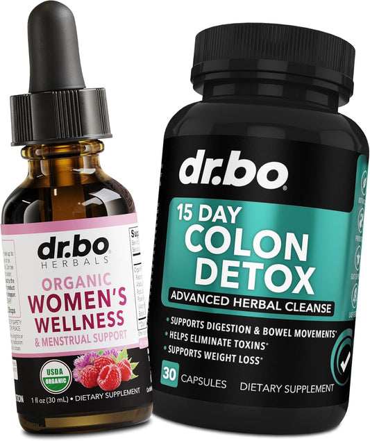 Organic Hormone Balance & Colon Cleanse Combo for Women - Liquid Drops for Hormonal Balance & Menstrual Support + 15 Day Intestinal Cleanse Pills & Probiotic Detox - Espot.com.au