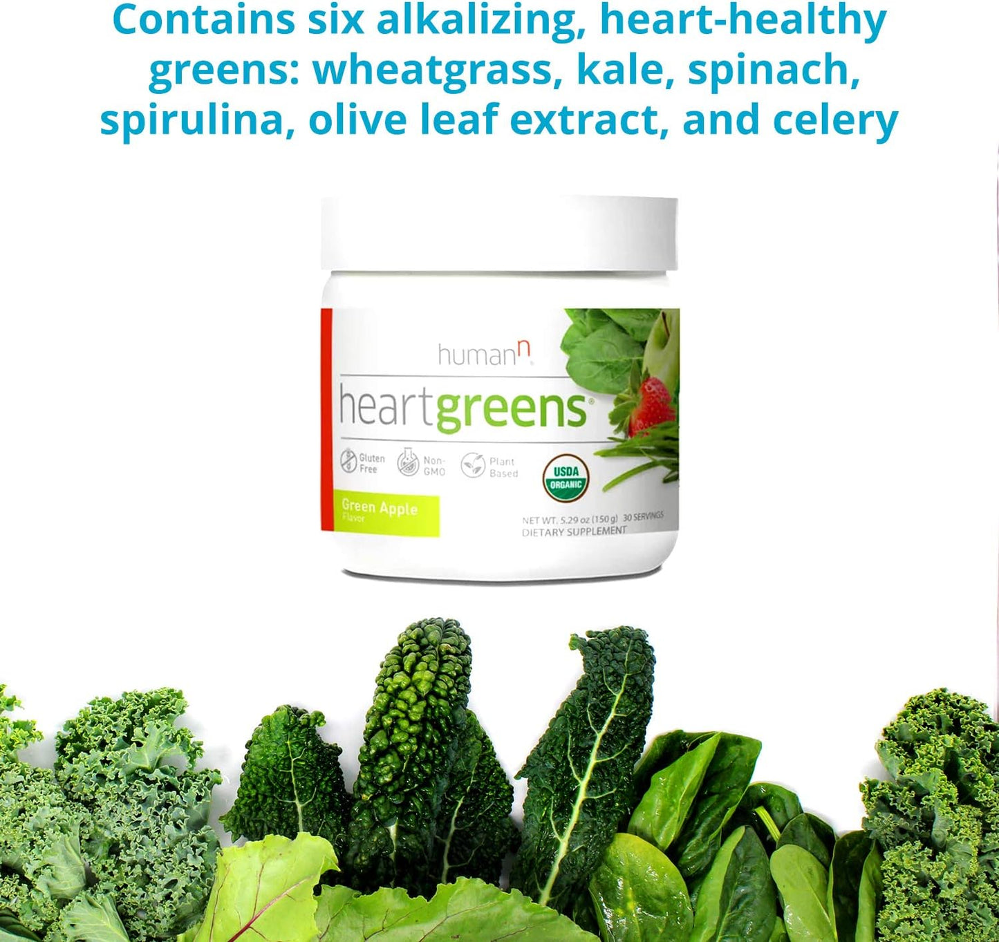 Organic HeartGreens Superfood Powder with Wheatgrass, Kale, Spinach, and Spirulina - USDA Organic Non-GMO, Green Apple Flavor - 5.29oz by humanN - Espot.com.au