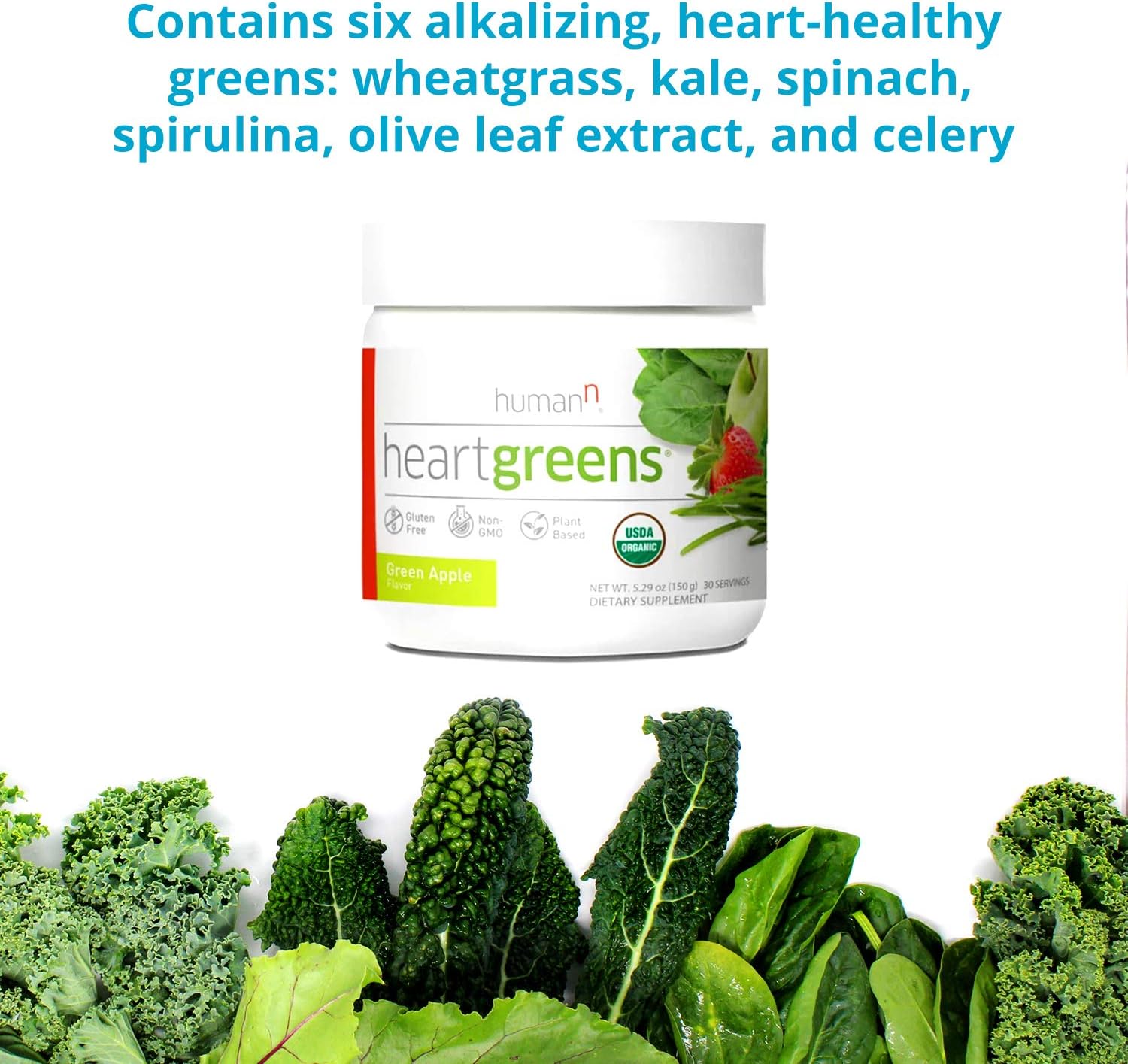 Organic HeartGreens Superfood Powder with Wheatgrass, Kale, Spinach, and Spirulina - USDA Organic Non-GMO, Green Apple Flavor - 5.29oz by humanN - Espot.com.au
