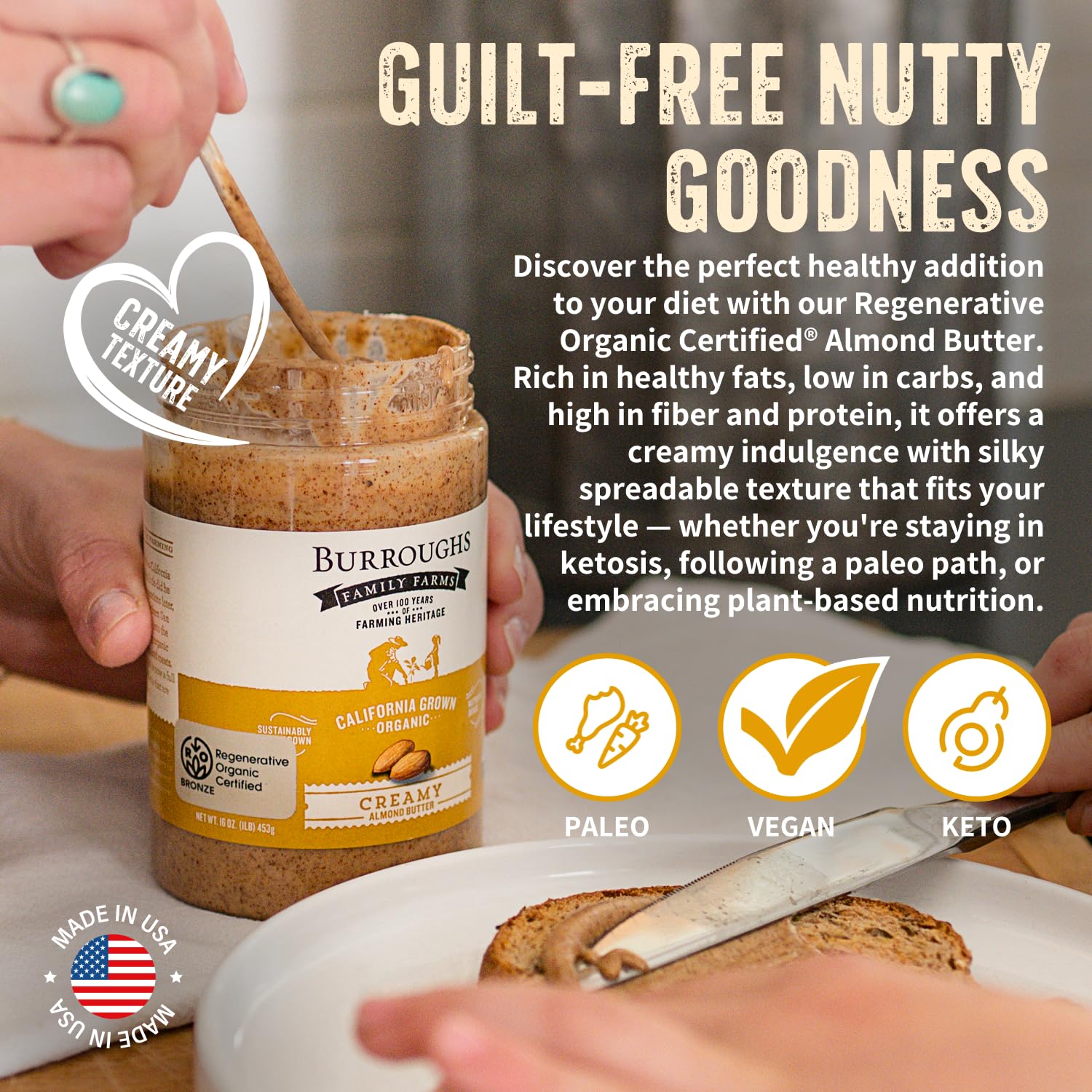 organic-creamy-almond-butter-from-burroughs-family-farms---14-oz---regenerative-organic-certified---high-antioxidants-vitamin-b---gluten-free-non-gmo---vegan-paleo-keto-friendly-4