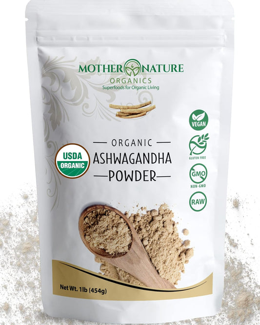 usda-organic-certified-ashwagandha-powder---100-pure-superfood-supplement-for-organic-living---raw-powerful-adaptogen-herb---non-gmo-vegan-gluten-free---1lb-bag-by-mother-nature-organics-1