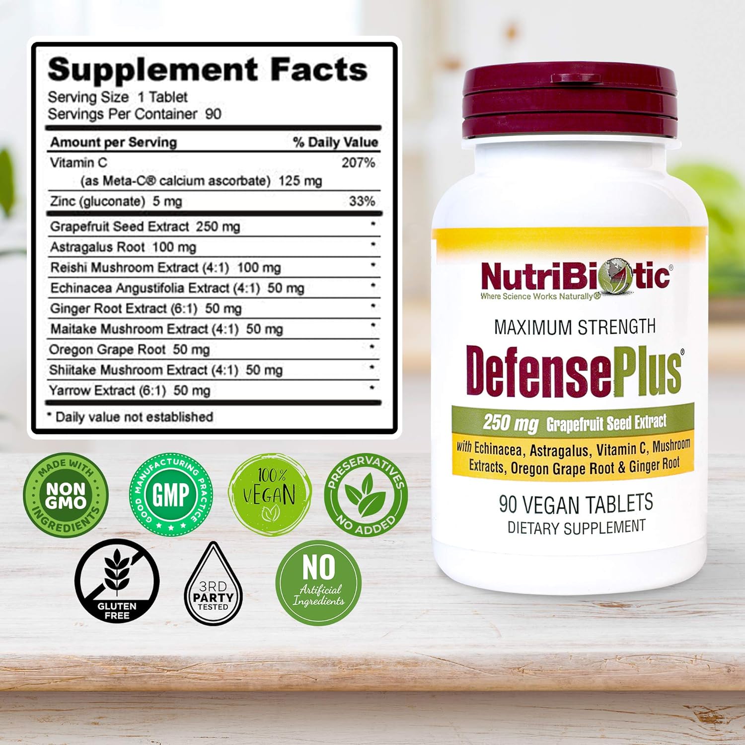 NutriBiotic DefensePlus Immune Support Tablets with Vitamin C, Zinc, Grapefruit Seed Extract, Echinacea, Astragalus Root, and Mushroom Extracts - Vegan & Gluten Free - 90 Tablets - Espot.com.au