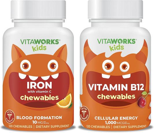 VitaWorks Kids Iron 10mg with Vitamin C and B12 Chewables Bundle - Delicious and Nutritious Children's Supplements - Espot.com.au