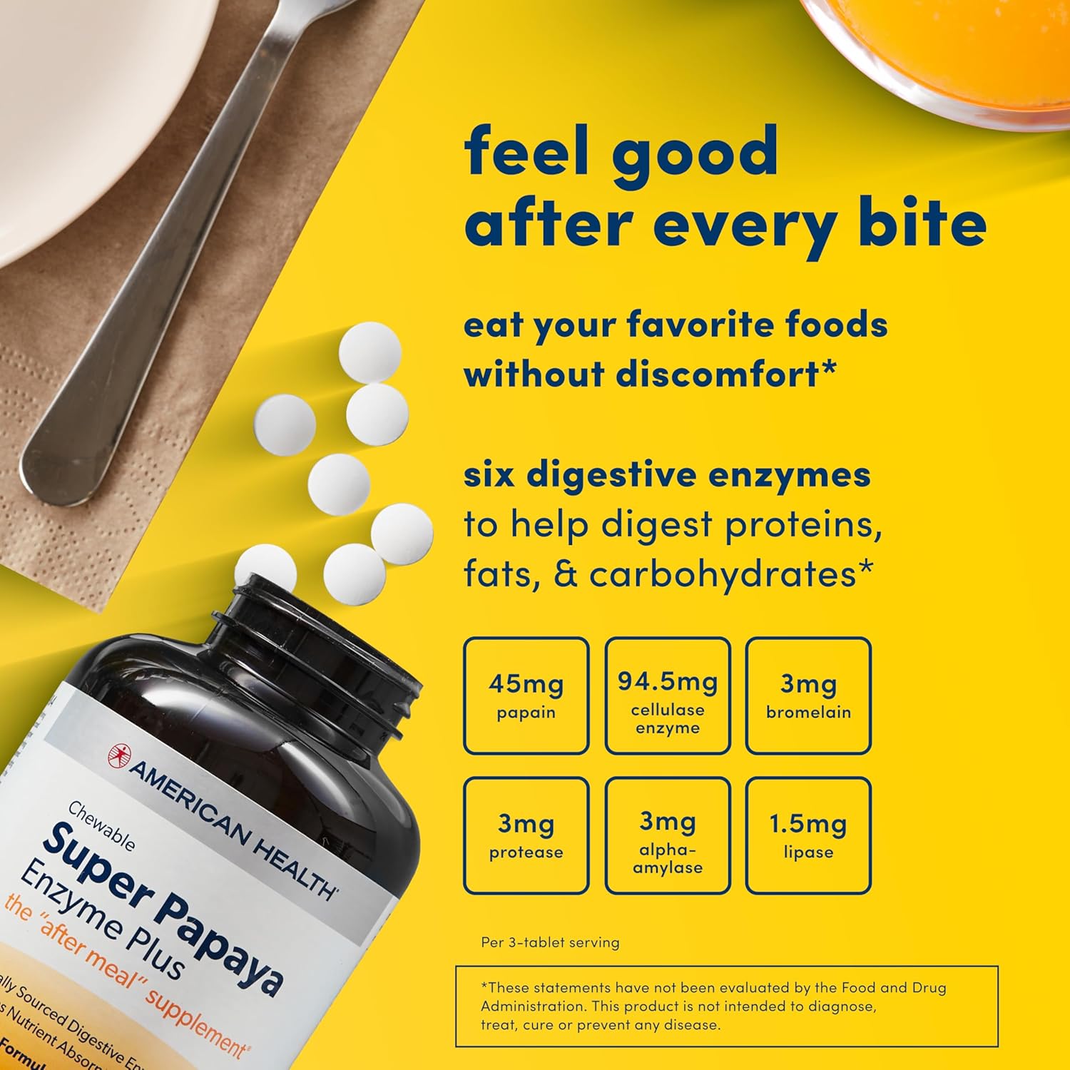 Natural Peppermint Flavored Papaya Enzyme Plus Chewable Tablets - Supports Digestion & Nutrient Absorption - With Papain & Other Enzymes - 90 Count, 30 Servings - Espot.com.au