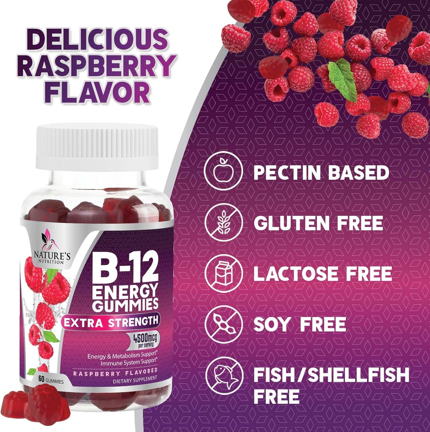 Extra Strength Vitamin B12 Energy Gummies - 4500mcg Chewable for Energy & Nervous System Support - Vegan B-12 Complex Gummy - Berry Flavor - 60 Gummies - Non-GMO - Espot.com.au