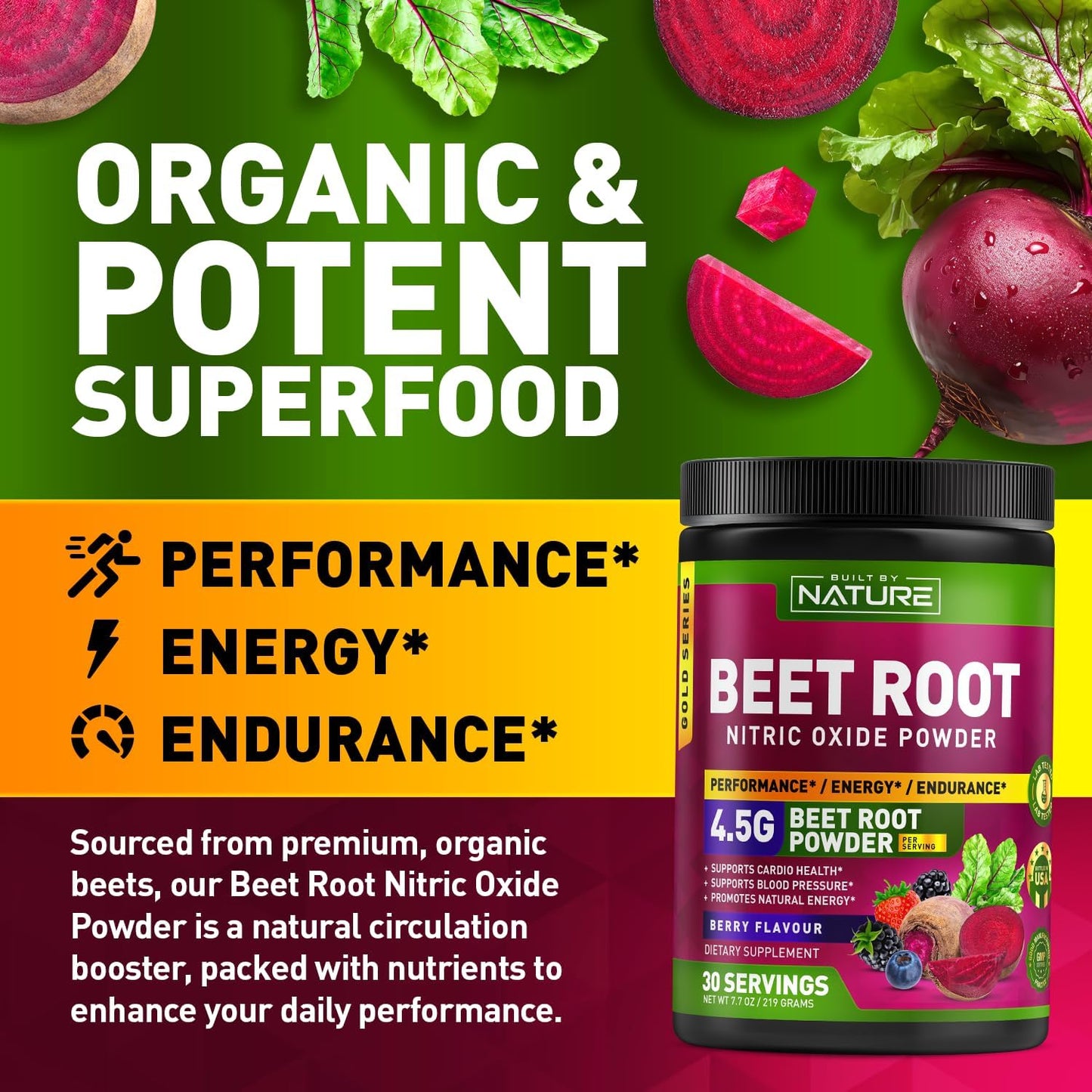Organic Beet Root Nitric Oxide Powder Supplement - Vegan Superfood Booster for Circulation, Energy & Heart Health - Berry Flavor - 30 Servings - Espot.com.au