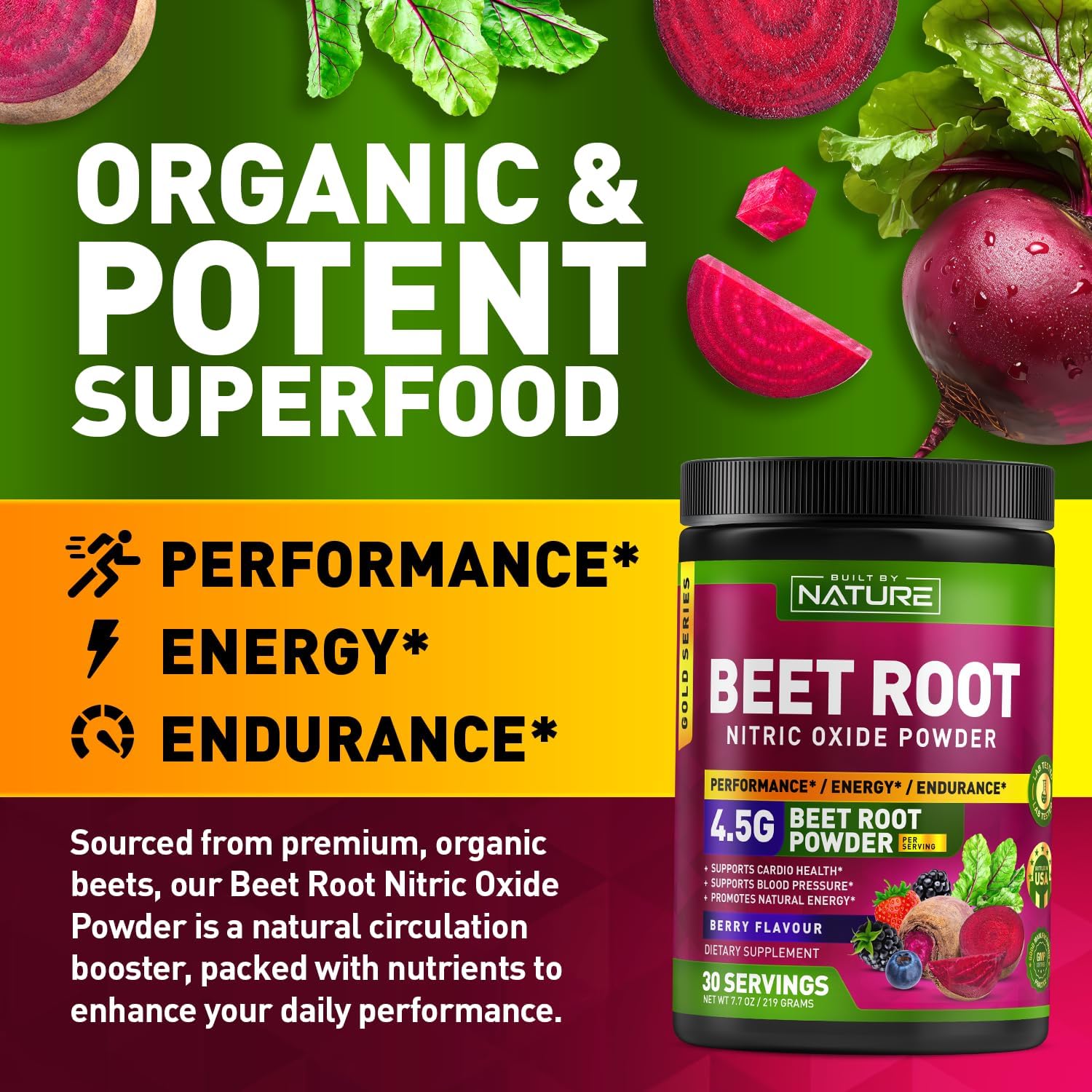 Organic Beet Root Nitric Oxide Powder Supplement - Vegan Superfood Booster for Circulation, Energy & Heart Health - Berry Flavor - 30 Servings - Espot.com.au