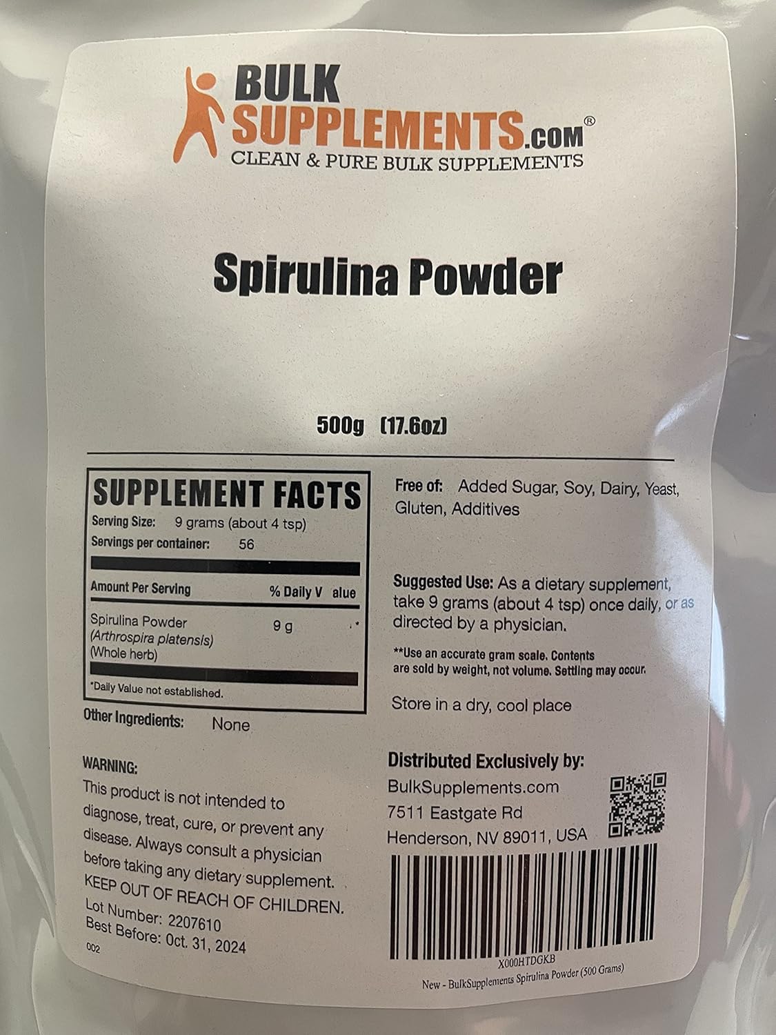 Organic Spirulina Powder - Superfood Green Powder, 3000mg per Serving, Vegan-Friendly - 500g (1.1 lbs) - BulkSupplements - Espot.com.au