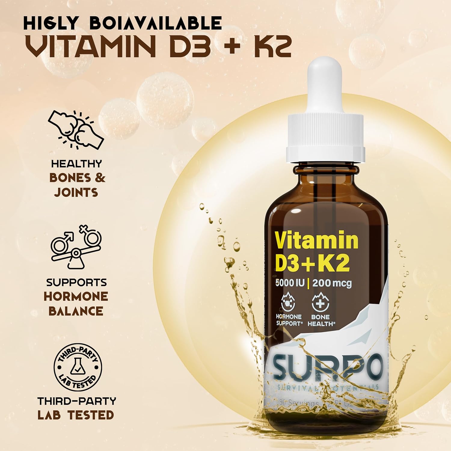 Liquid Vitamin D3 and K2 Drops with Omega 3 Oil for Hormone Support and Bone Health - 5000 IU Vitamin D - Maximum Absorption - 2Fl Oz Bottle - Espot.com.au
