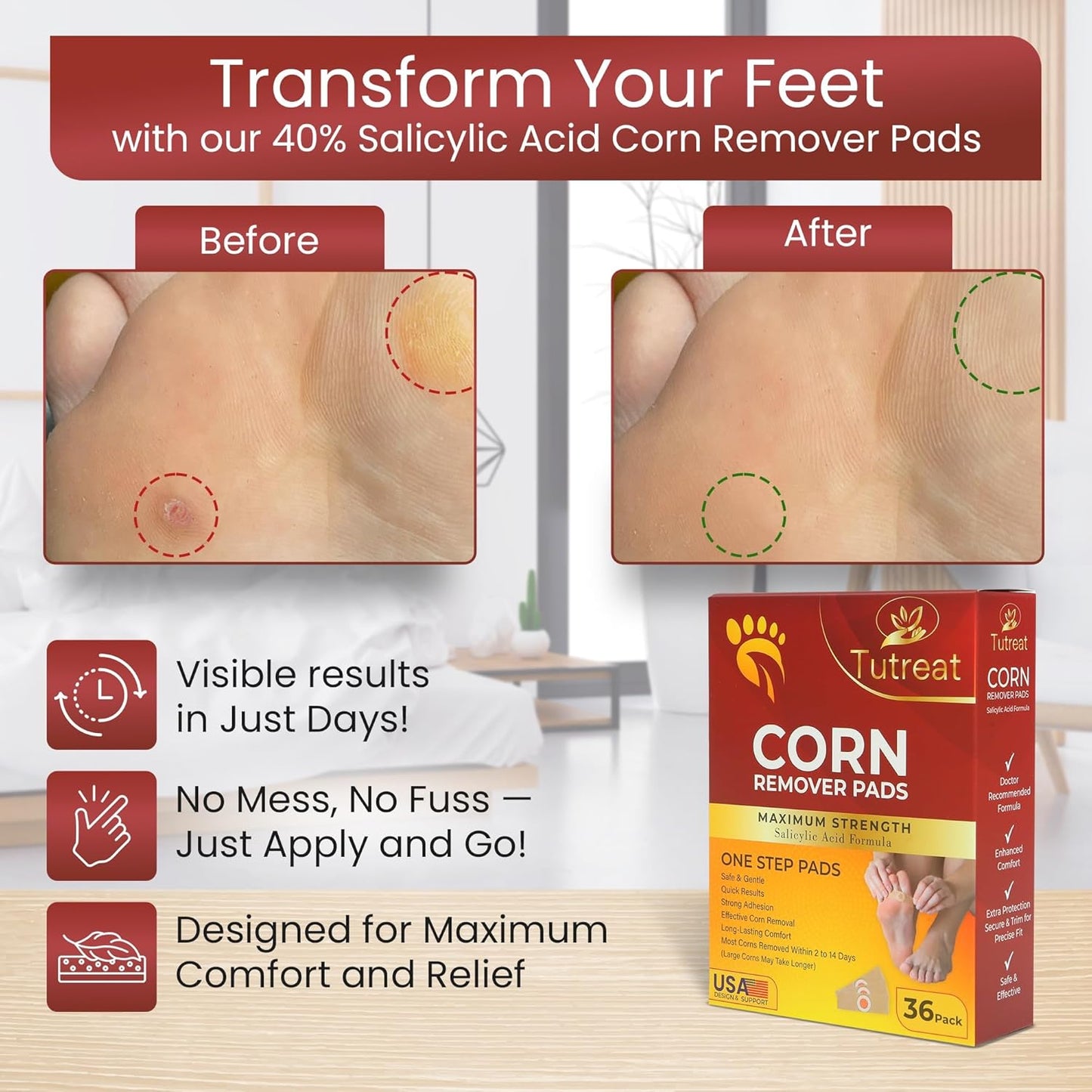 Extra Strength 40% Salicylic Acid Corn Remover Pads - 36 Pack for Feet & Toes - Overnight Corn Treatment Protectors for Men, Women, Seniors, Kids & Teens - Espot.com.au
