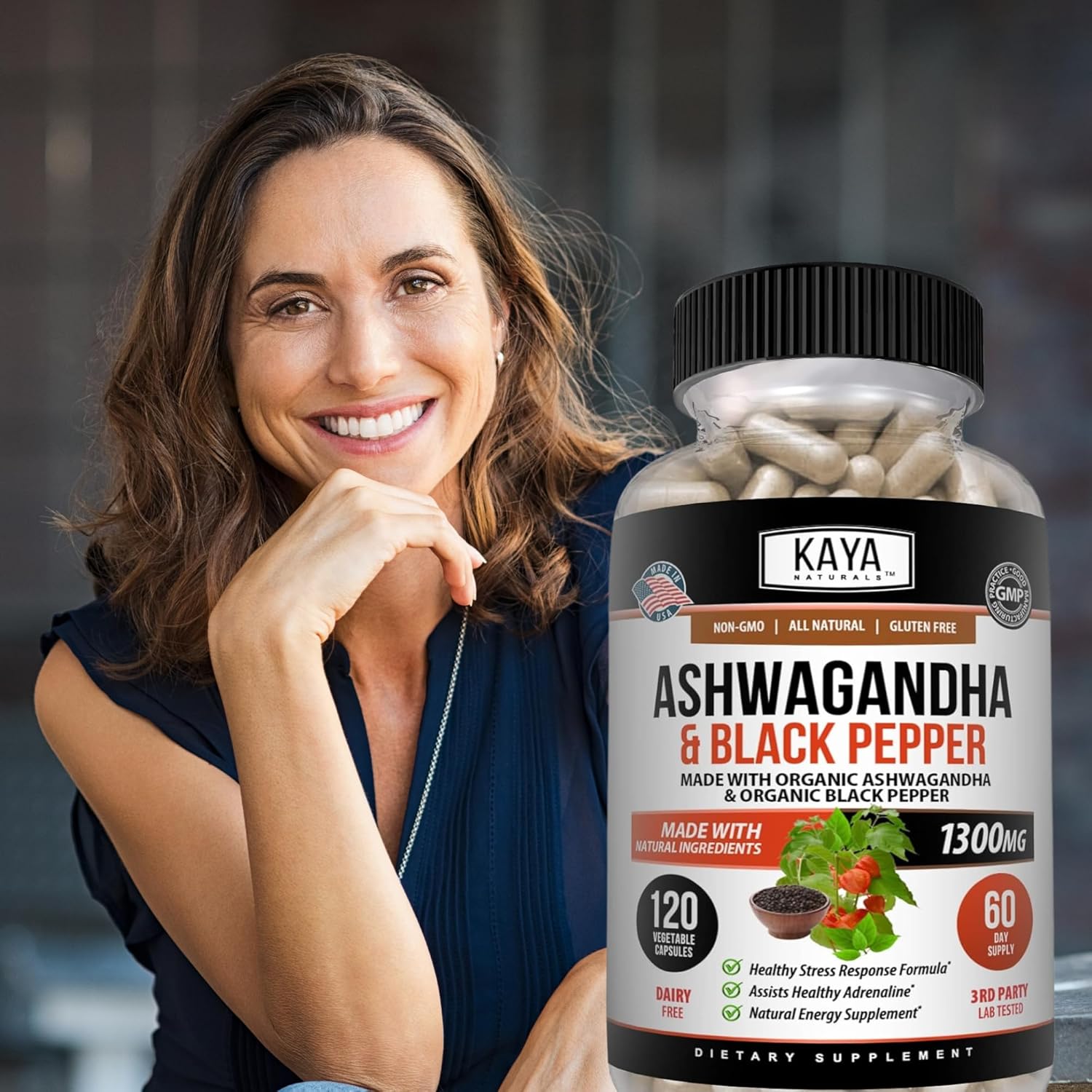 Organic Ashwagandha Capsules 1300mg - Stress Relief, Adrenal & Thyroid Support with Black Pepper - 120 Count - 100% Pure Ashwagandha - Kaya Naturals - Espot.com.au