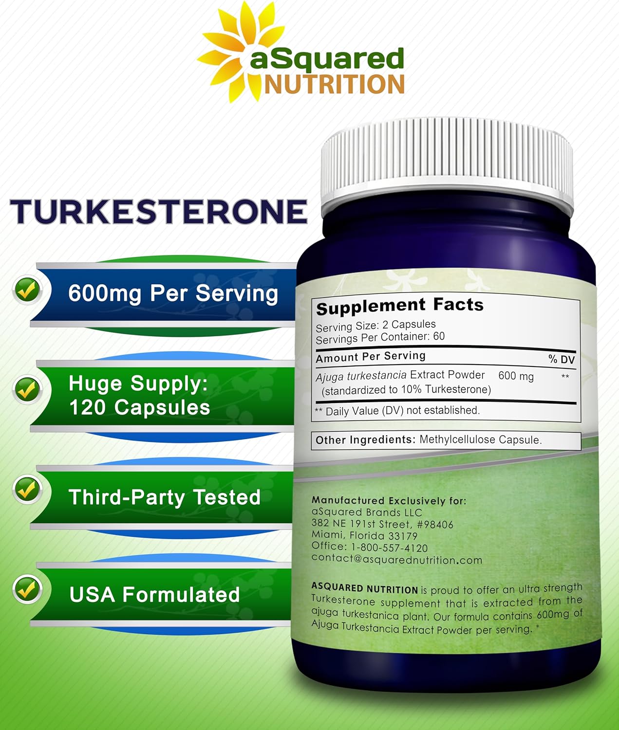 Turkesterone Supplement - 600mg - 120 Capsules - Ajuga Turkestanica Extract - Natural Formulation - Turkesterone Complex Pills by aSquared Nutrition - Espot.com.au