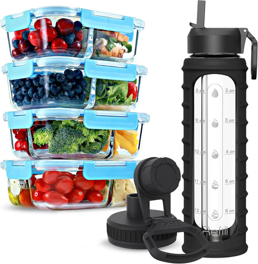 bundle-of-4-glass-meal-prep-containers-glass-water-bottle-with-straw-lid---32oz-bpa-free-time-marker-sleeve-extra-lid---fit-strong-healthy---2-3-compartments-black-ribbed-sleeve-1