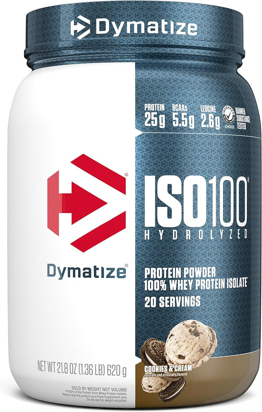 Dymatize ISO100 Hydrolyzed Protein Powder - Cookies and Cream Flavor, 100% Whey Isolate Protein with 25g Protein and 5.5g BCAAs, Gluten-Free, Fast Absorbing, Easy to Digest - 20 Servings - Espot.com.au