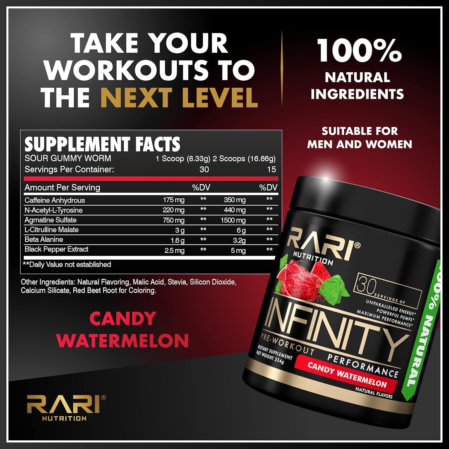 RARI Nutrition Infinity Pre Workout Performance Powder - 30 Servings, High-Performance Energy Drink for Women and Men - Candy Watermelon Flavor - Espot.com.au