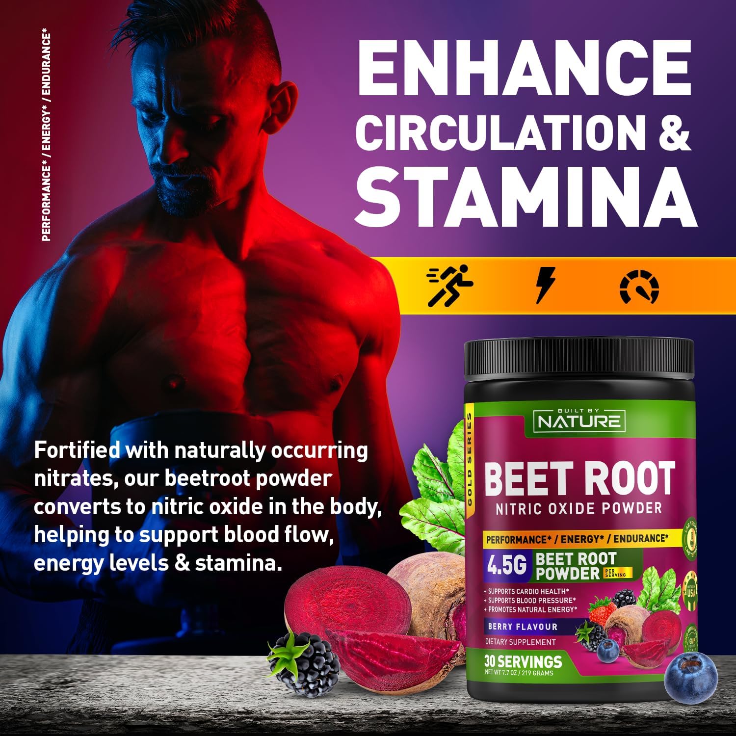 Organic Beet Root Nitric Oxide Powder Supplement - Vegan Superfood Booster for Circulation, Energy & Heart Health - Berry Flavor - 30 Servings - Espot.com.au