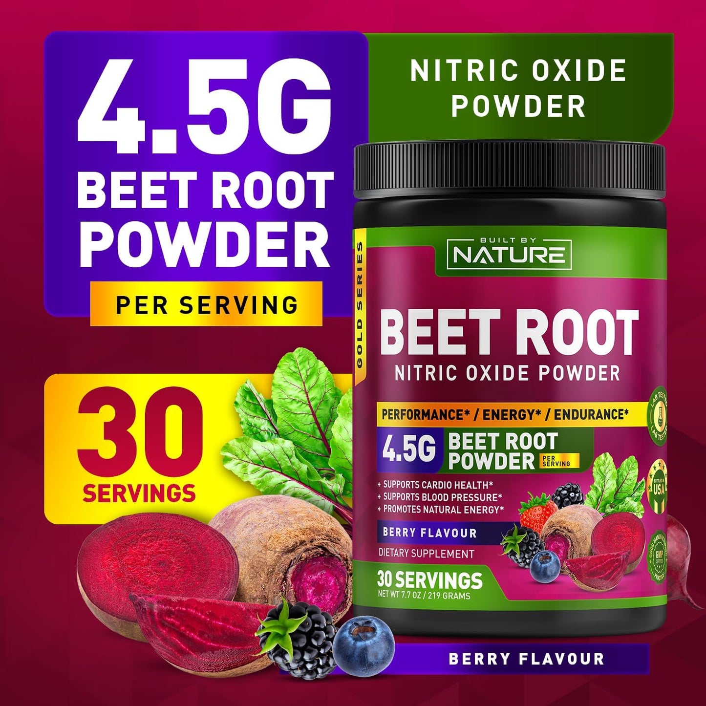 Organic Beet Root Nitric Oxide Powder Supplement - Vegan Superfood Booster for Circulation, Energy & Heart Health - Berry Flavor - 30 Servings - Espot.com.au