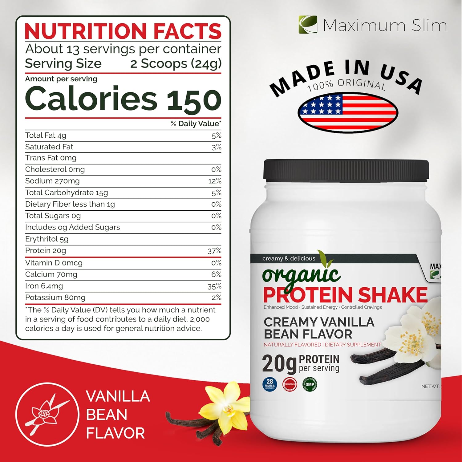 Organic Creamy Vanilla Bean Protein Shake by Maximum Slim - Delicious and Nutritious Option for Weight Management and Muscle Recovery - Espot.com.au