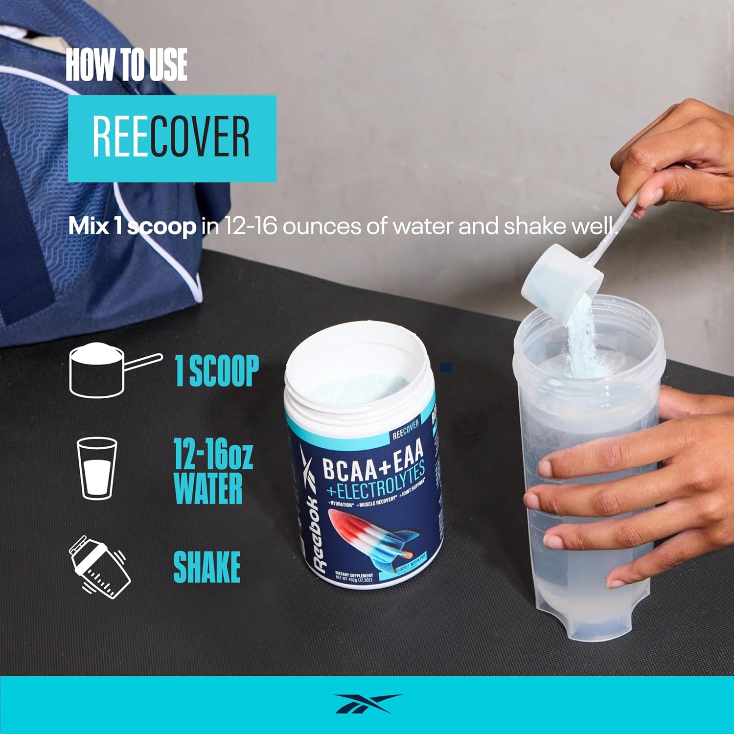 Reebok ReeCover BCAA EAA Electrolytes Supplement | 8g Essential Amino Acids, 5g Branch Chain Amino Acids, Hydration Support | Muscle Recovery, Strength | Post-Workout Drink | 30 Servings | Rocket Moon Pop Flavor - Espot.com.au
