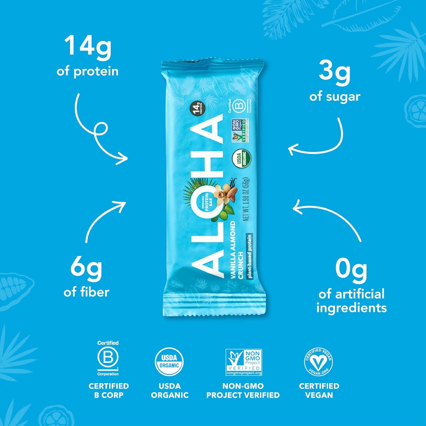 Organic Plant-Based Protein Bars, Vanilla Almond Crunch Flavor, 1.98 oz Bars, Pack of 12 - ALOHA - Espot.com.au