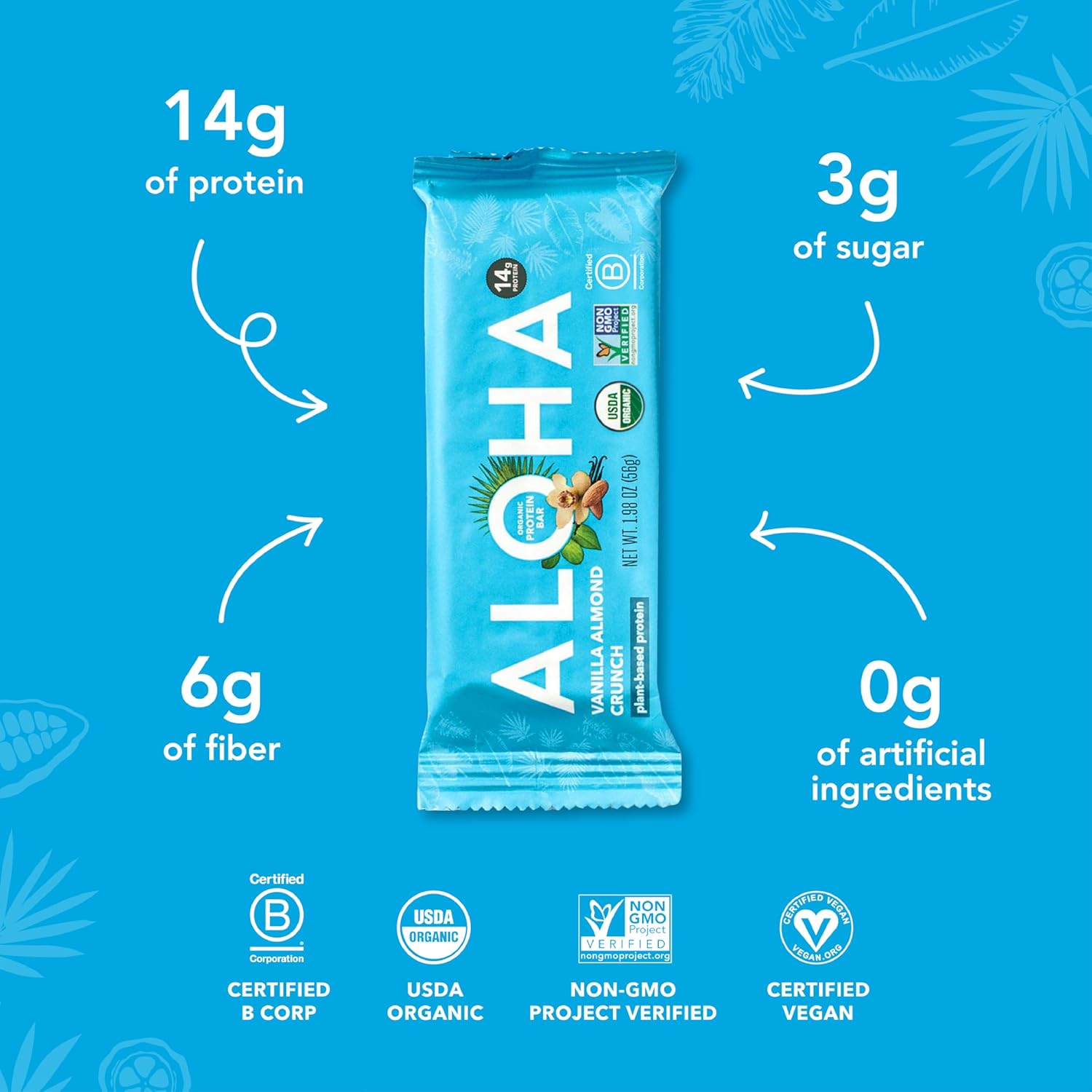 Organic Plant-Based Protein Bars, Vanilla Almond Crunch Flavor, 1.98 oz Bars, Pack of 12 - ALOHA - Espot.com.au