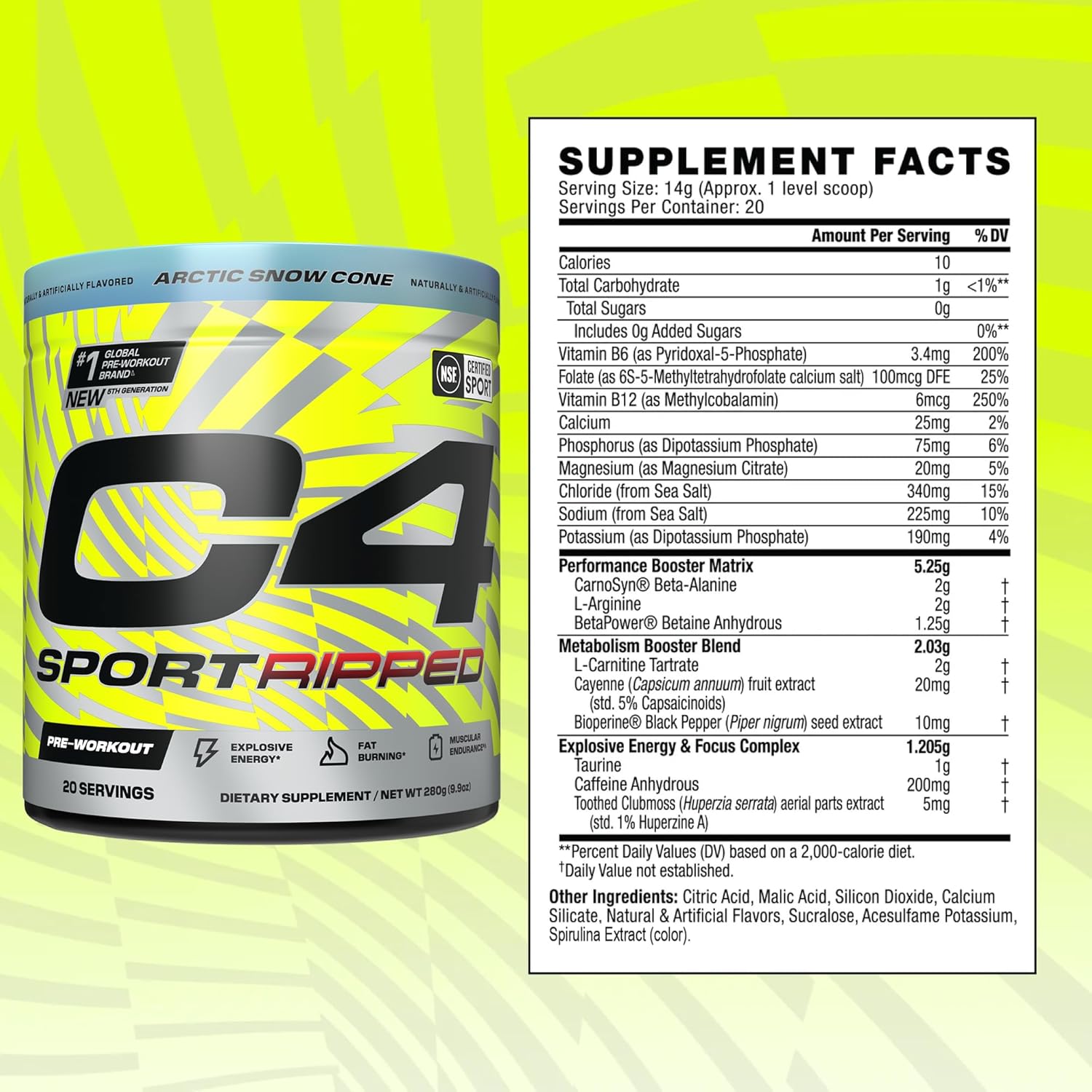 Cellucor C4 Ripped Sport Pre Workout Powder - NSF Certified for Sport - 200mg Caffeine + Cayenne Extract + Carnitine Tartrate + Beta-Alanine - Arctic Snow Cone, 20 Servings - Energy Booster with Fat-Burning Ingredients - Espot.com.au