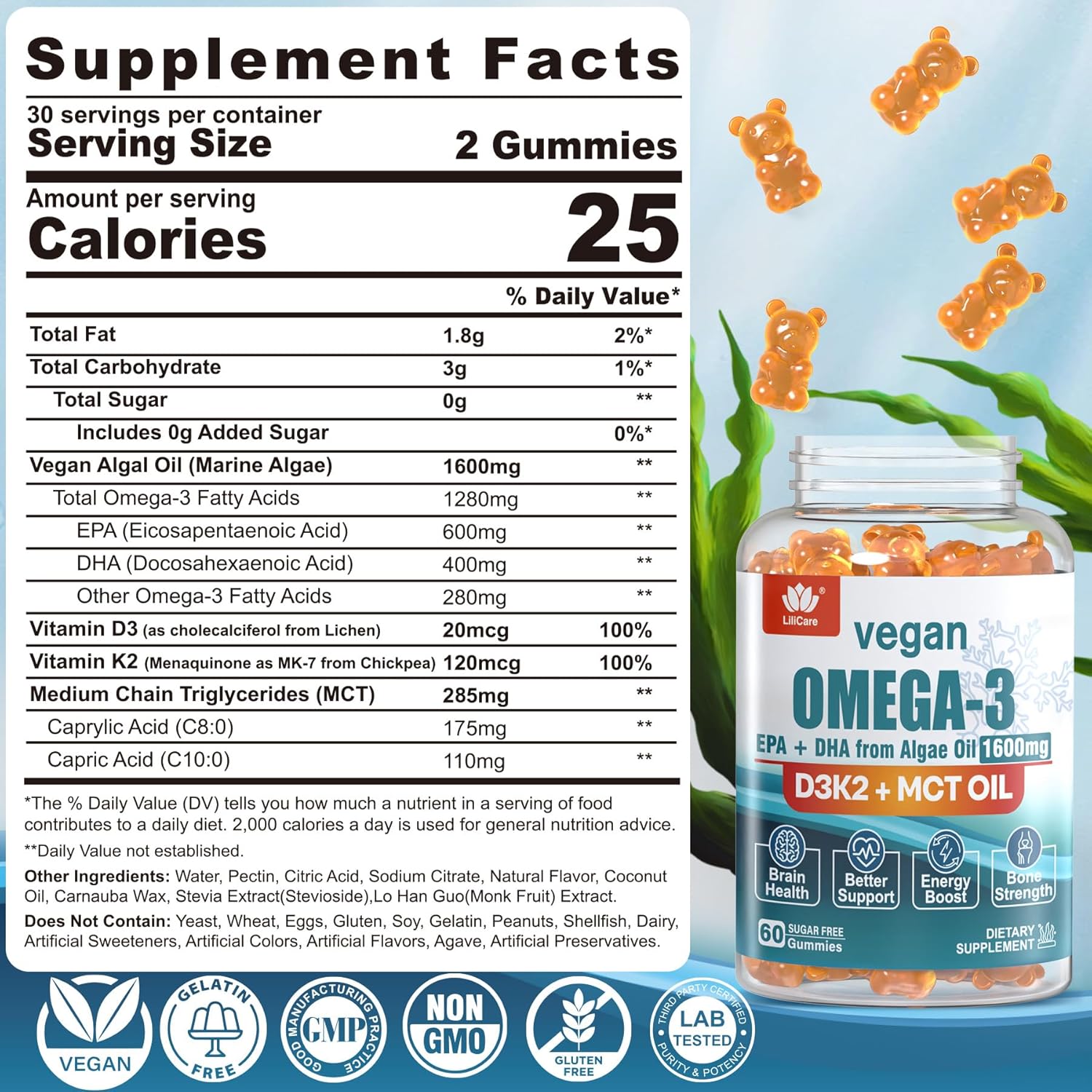 LILICARE Vegan Omega-3 Gummies with Vitamin D3 K2, Sugar-Free Alternative to Fish Oil, 1280mg, EPA 600mg, DHA 400mg, MCT Oil, Marine Algae Oil, Brain, Eye, Immunity Support - 1 Pack - Espot.com.au