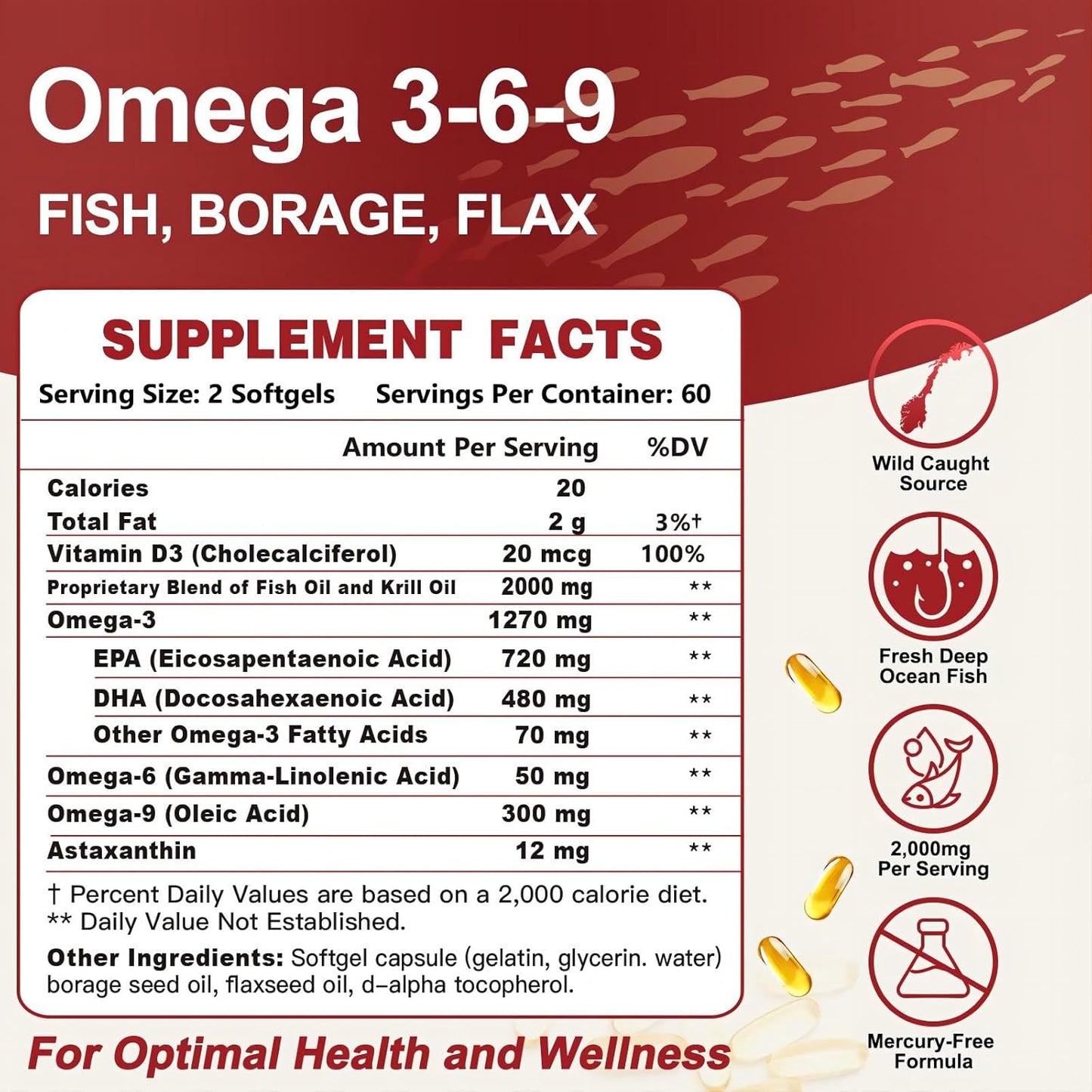 High Potency ZEBORA Triple Omega 3-6-9 Fish Oil 2000mg with Vitamin D3 & Astaxanthin - Supports Heart, Brain, and Immune Health - Includes Flaxseed & Borage - 60 Servings - Espot.com.au