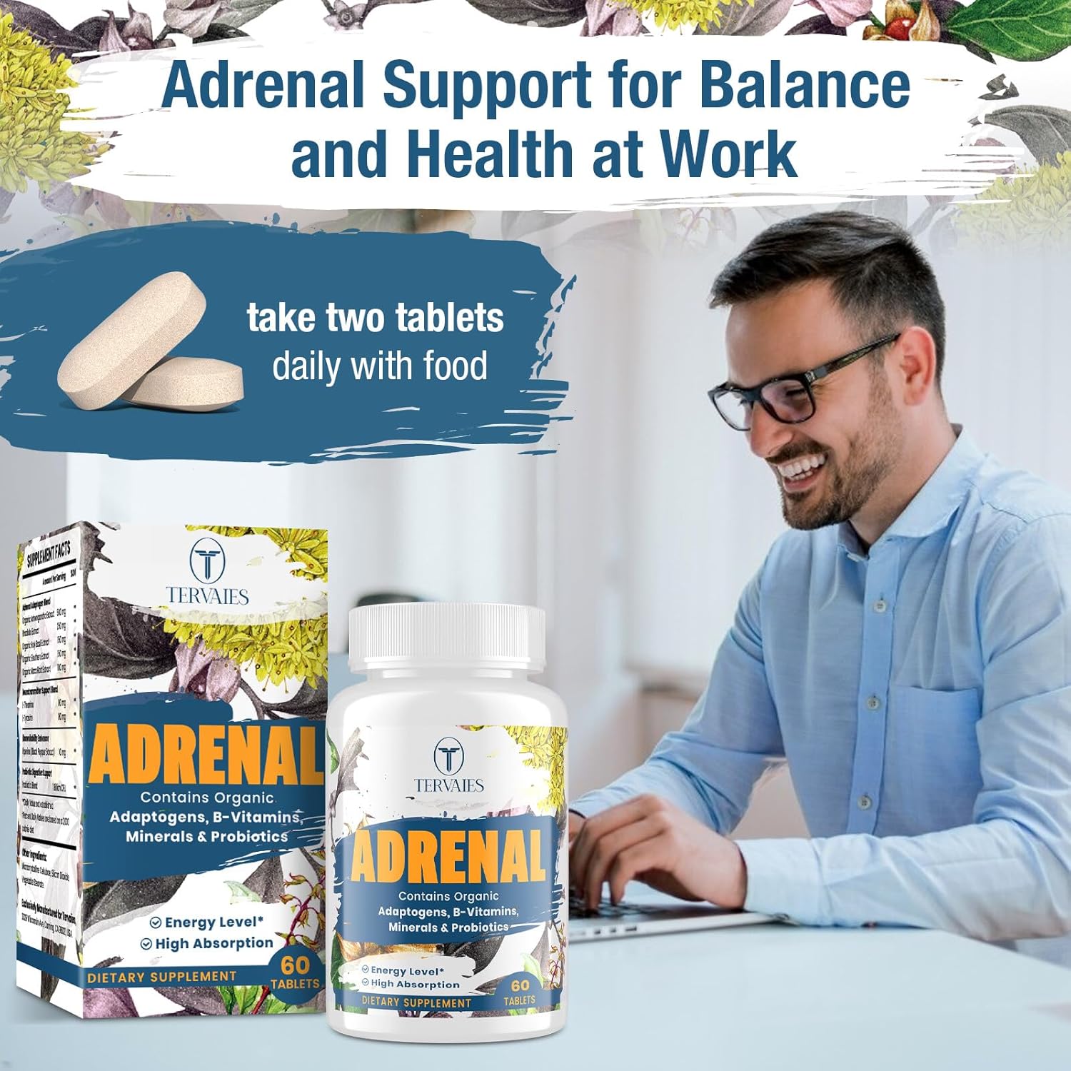Adrenal Support Supplement with Adaptogens for Energy & Mood - 120 Vegan Tablets, Non-GMO - Rhodiola Rosea, Ashwagandha, Holy Basil, Eleuthero - Women & Men - Espot.com.au