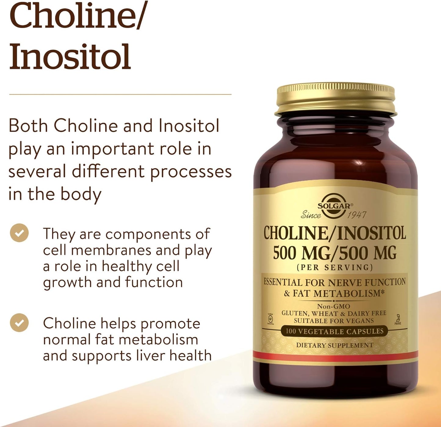 Solgar Choline and Inositol Capsules for Energy Metabolism and Liver Health - 500 mg/500 mg, 100 Capsules - Supports Brain & Nerve Function - Non-GMO, Vegan, Gluten Free, Dairy Free, Kosher - 50 Servings - Espot.com.au