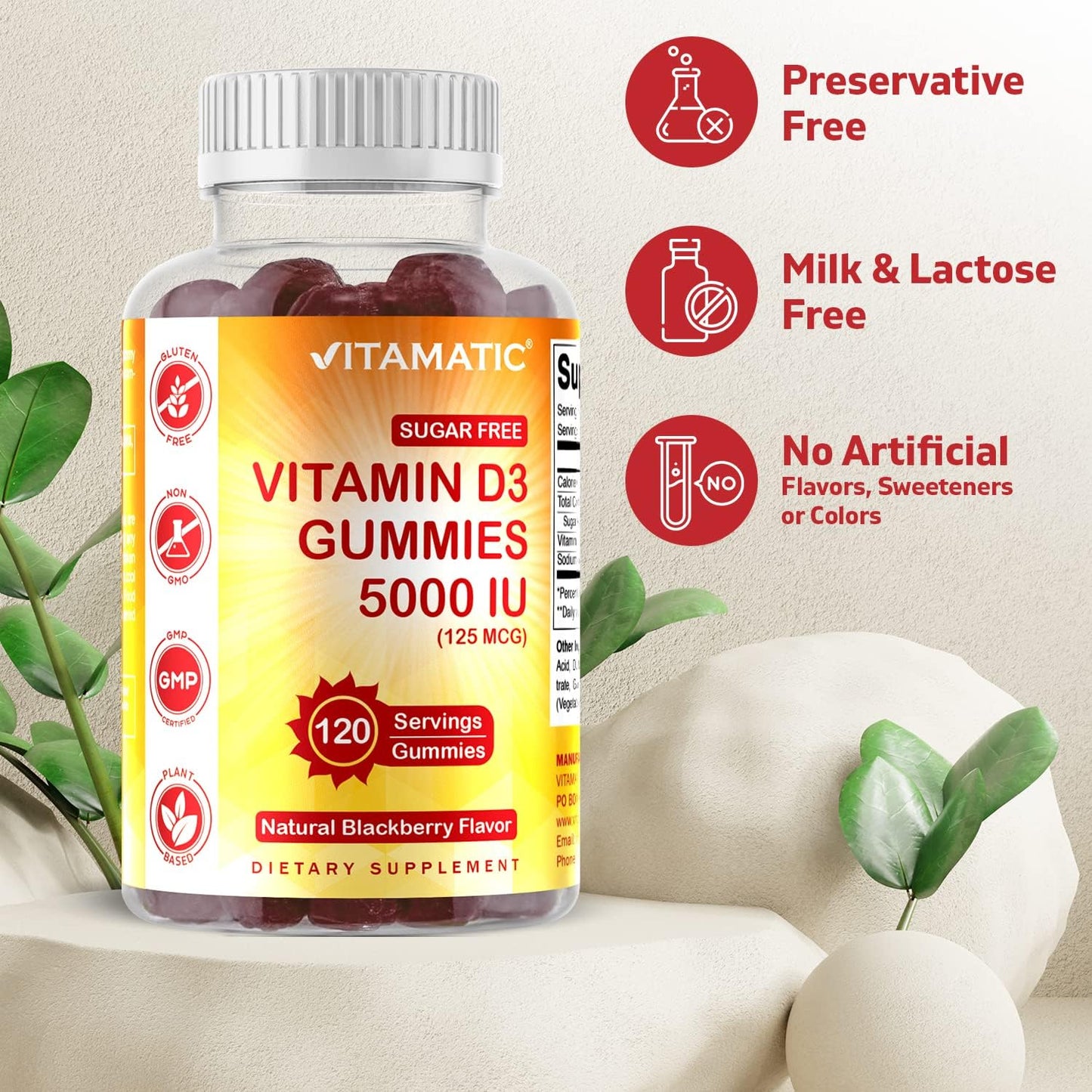 Sugar-Free Vitamin D3 Gummies - 5000 IU - 120 Count - Supports Bone Health, Mood, and Immune System - Non-GMO - Great Taste - 120 Servings - Espot.com.au