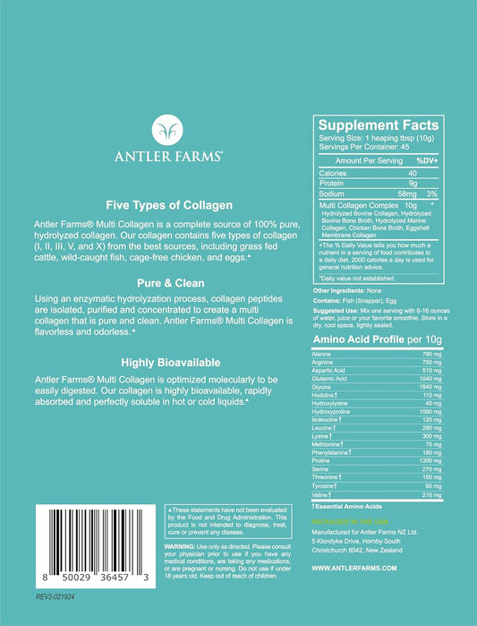 Antler Farms Multi Collagen Protein Powder - 5 Types (I, II, III, V, X) - 100% Pure Hydrolyzed Peptides - Rapid Absorption - Unflavored - 1 lb - Espot.com.au